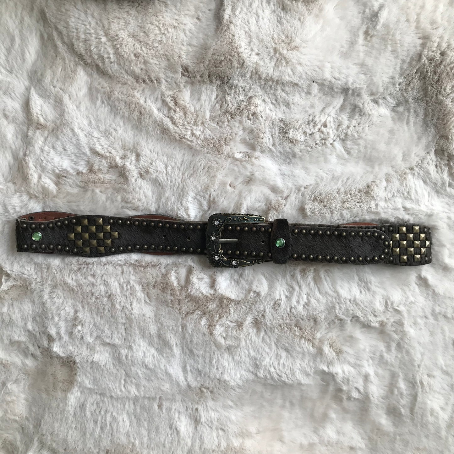 Fur Brown & Green Rhinestone Belt