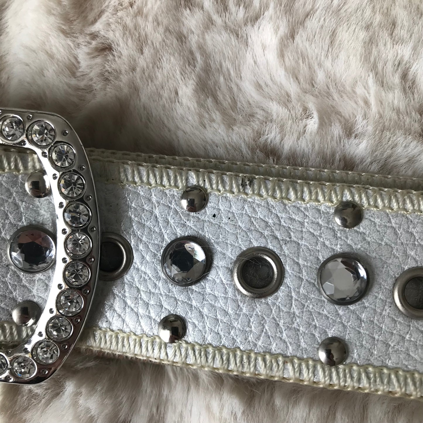 White Silver Rhinestone Leather Belt