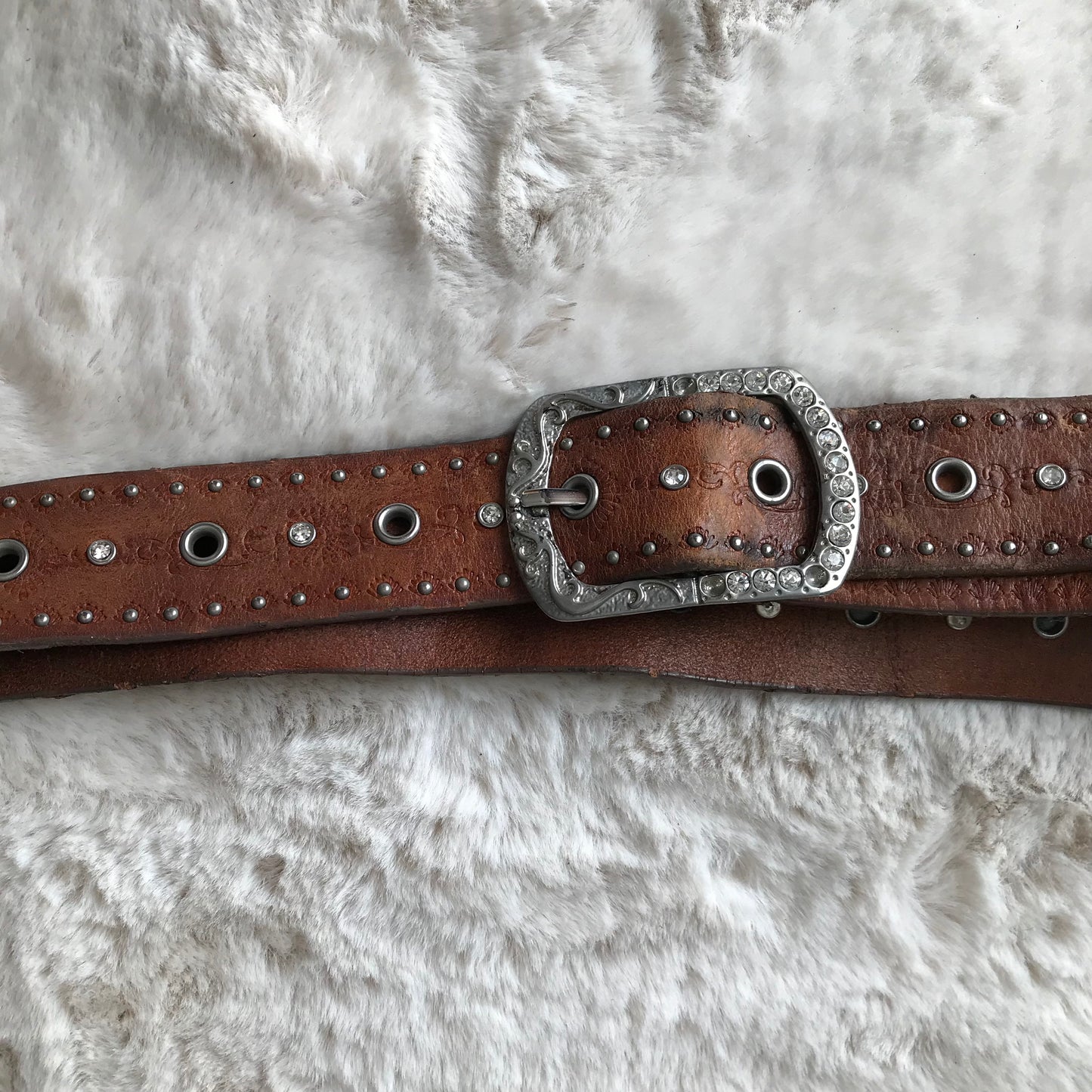 Brown Rhinestone Leather Belt