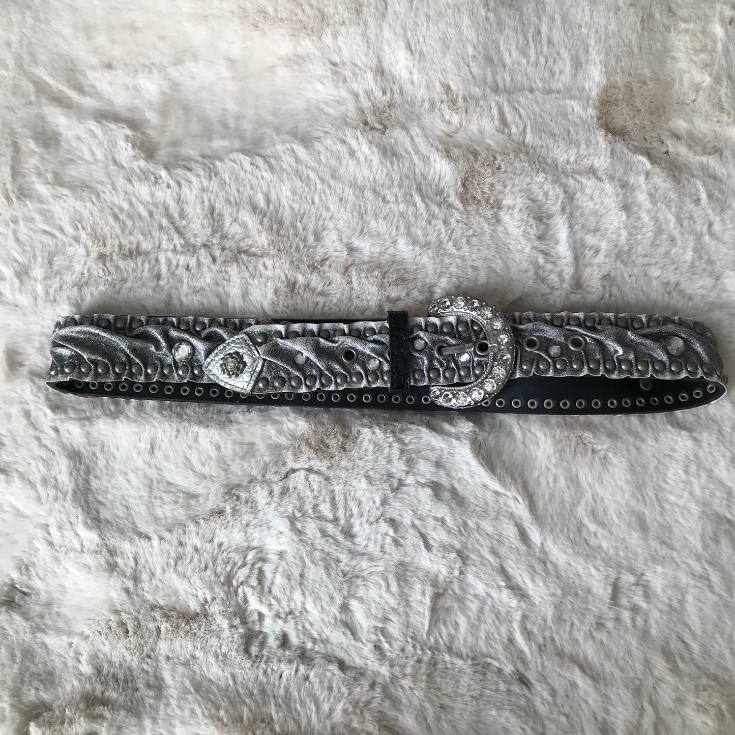 Silver Rhinestone Leather Belt
