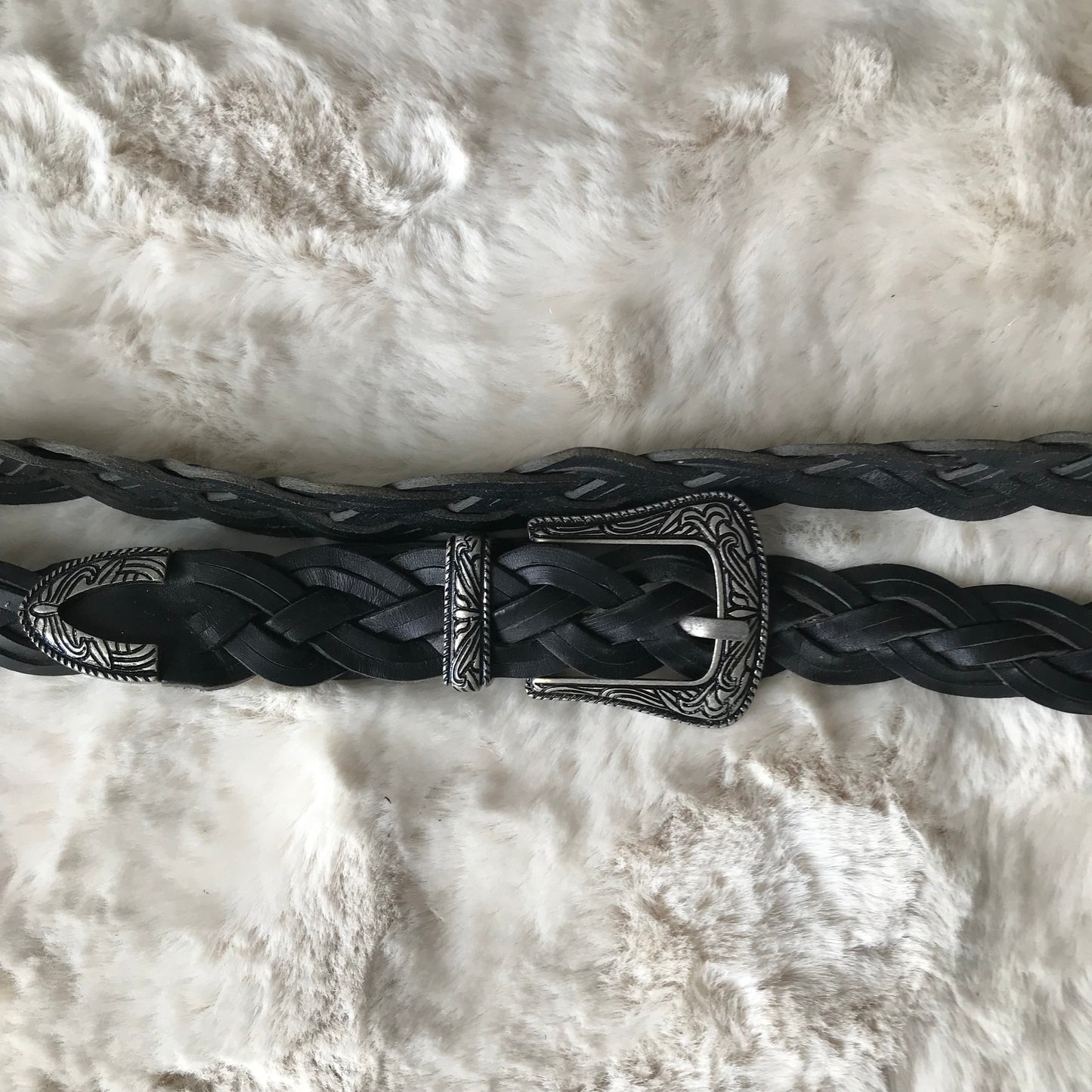 Black Leather Woven Rope Belt