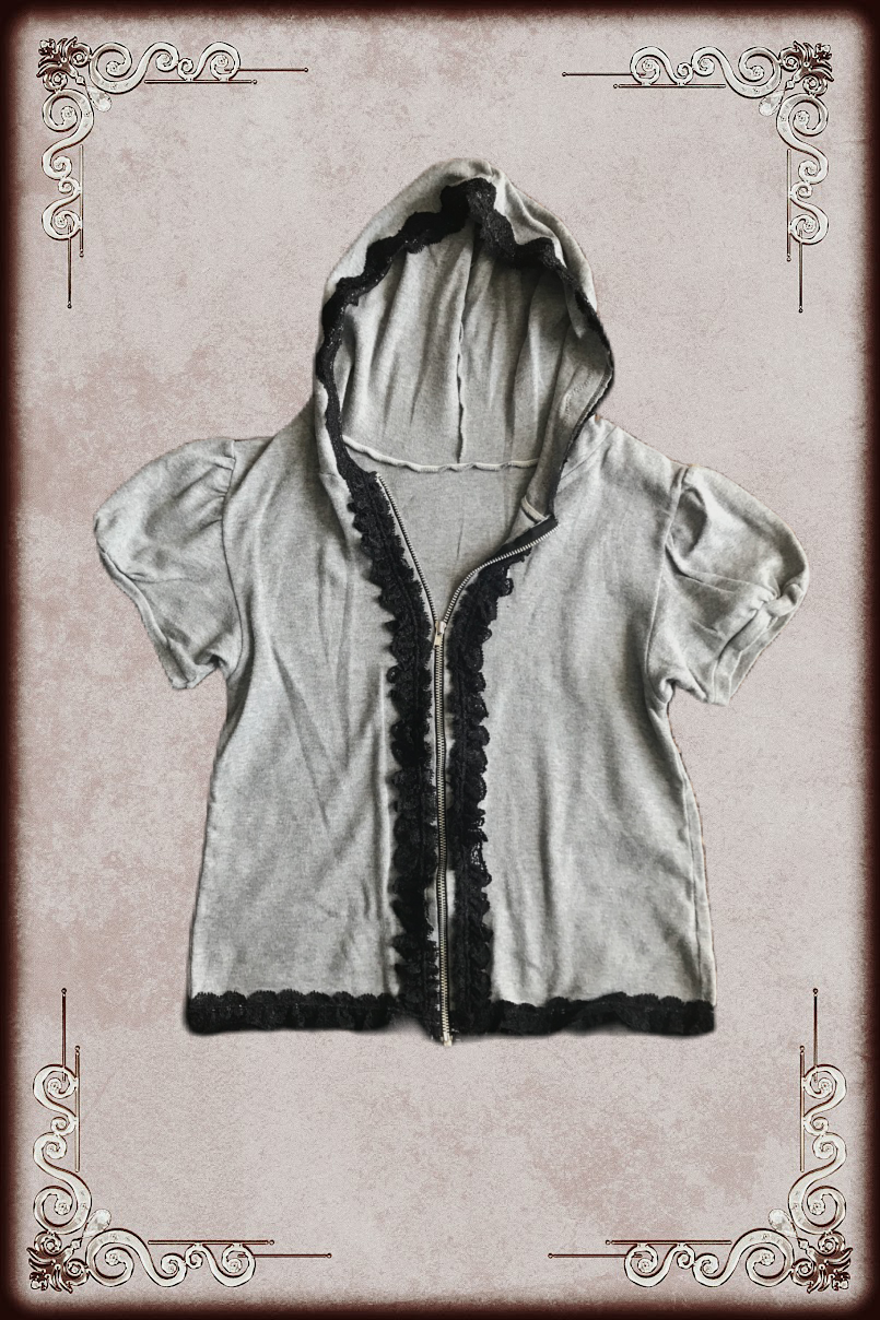 Grey Short Sleeve Lace Trim Hoodie