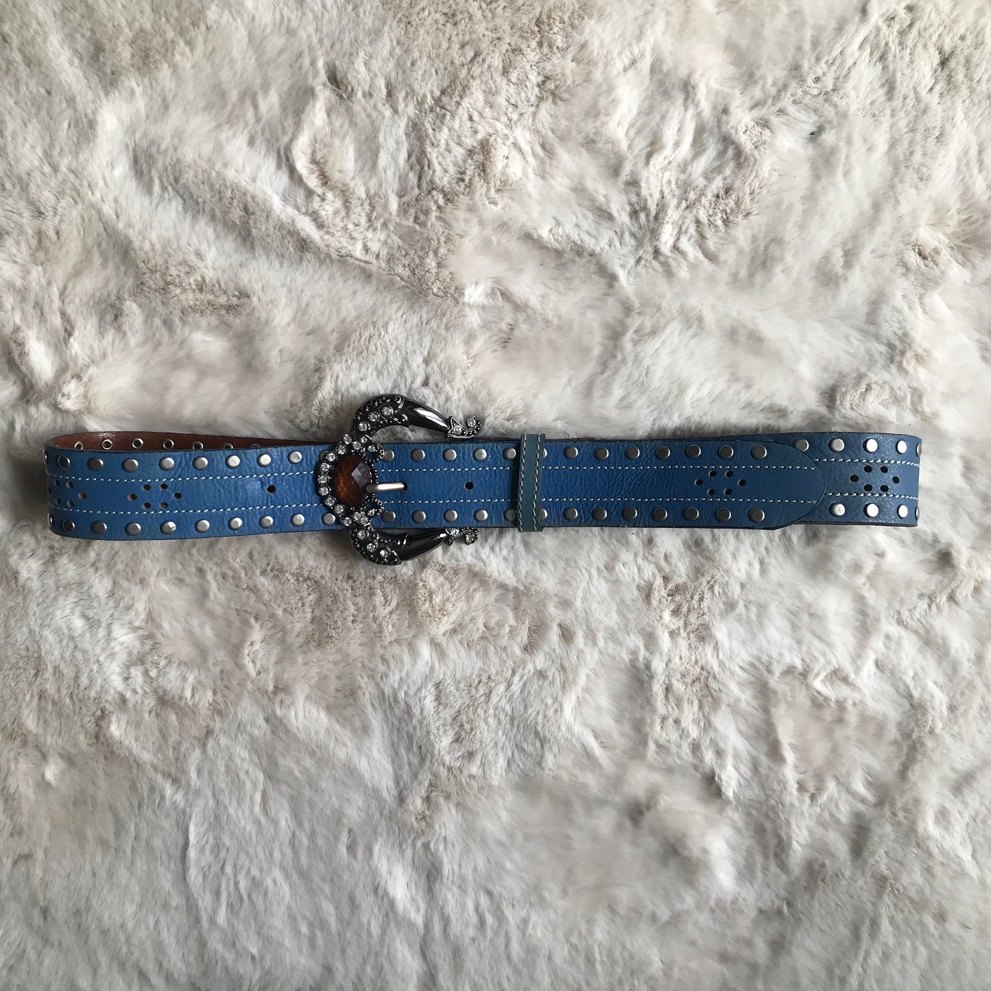 Blue Rhinestone Leather Belt