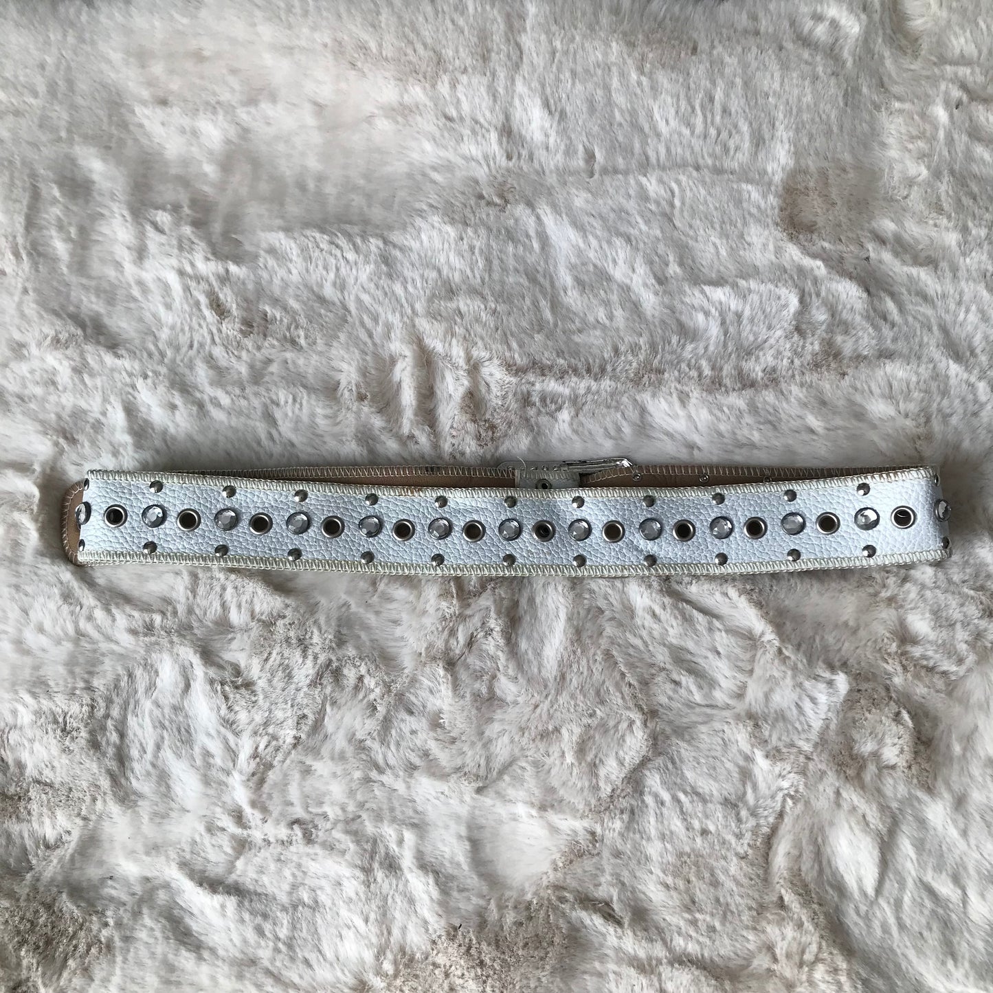 White Silver Rhinestone Leather Belt