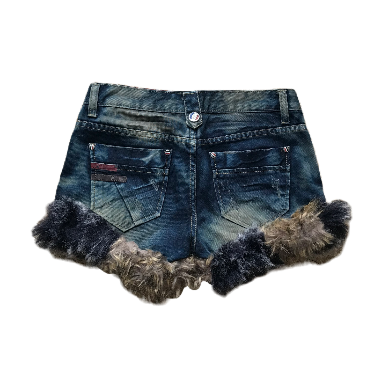 Black & Brown Dark Wash Fur Trim Denim Shorts