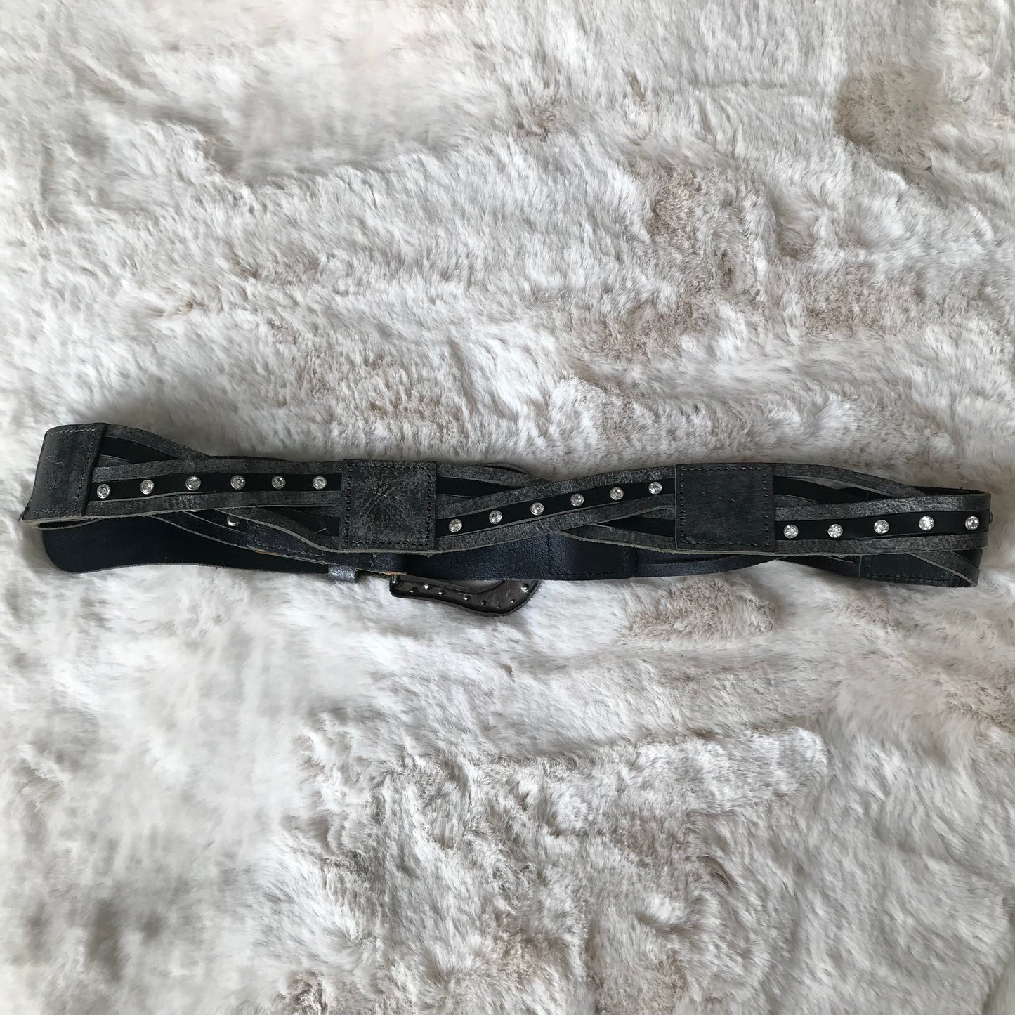 Dark Grey Leather Rhinestone Belt