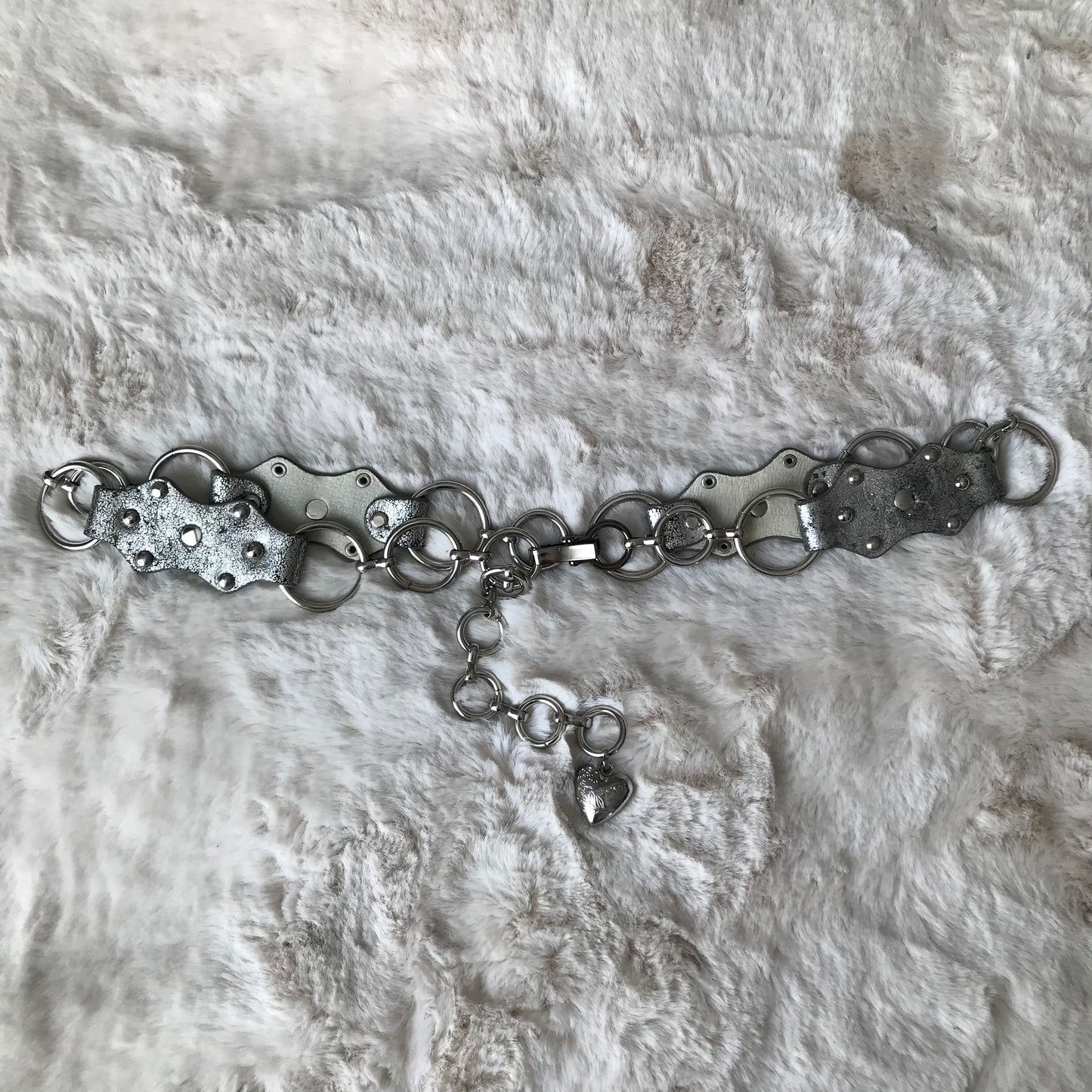 Silver Heart Charm Leather Chain Belt