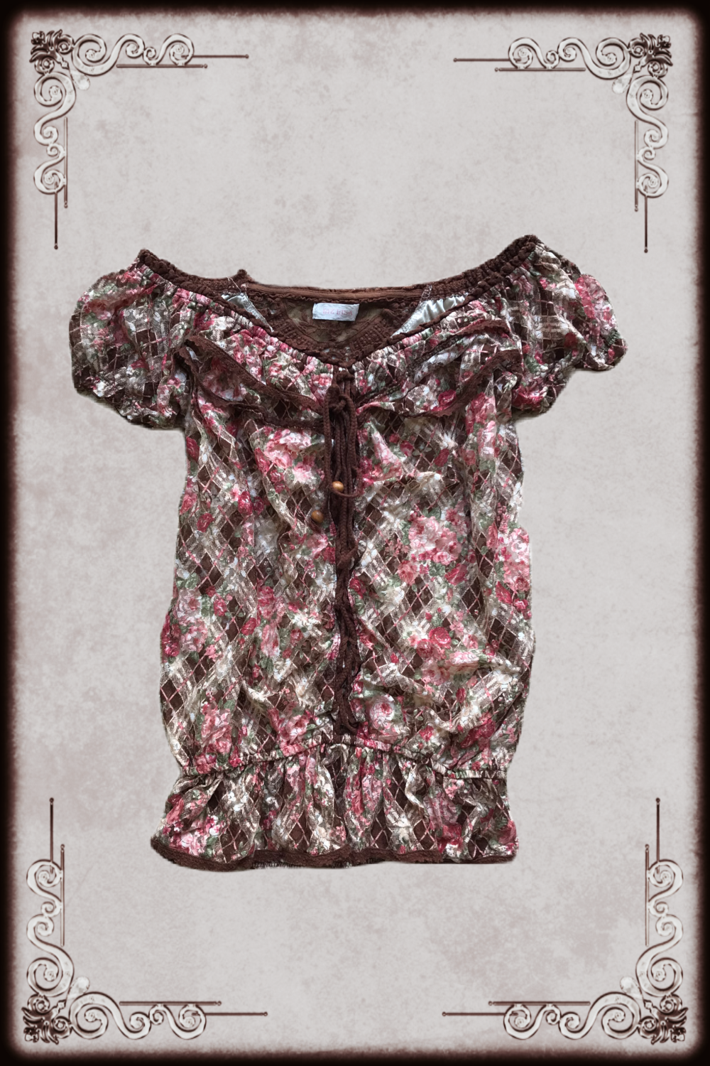 Liz Lisa Pink Brown Floral Lace Up Top