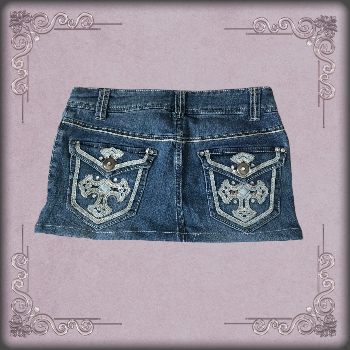 Sky Blue Cross Rhinestone Denim Mini Skirt