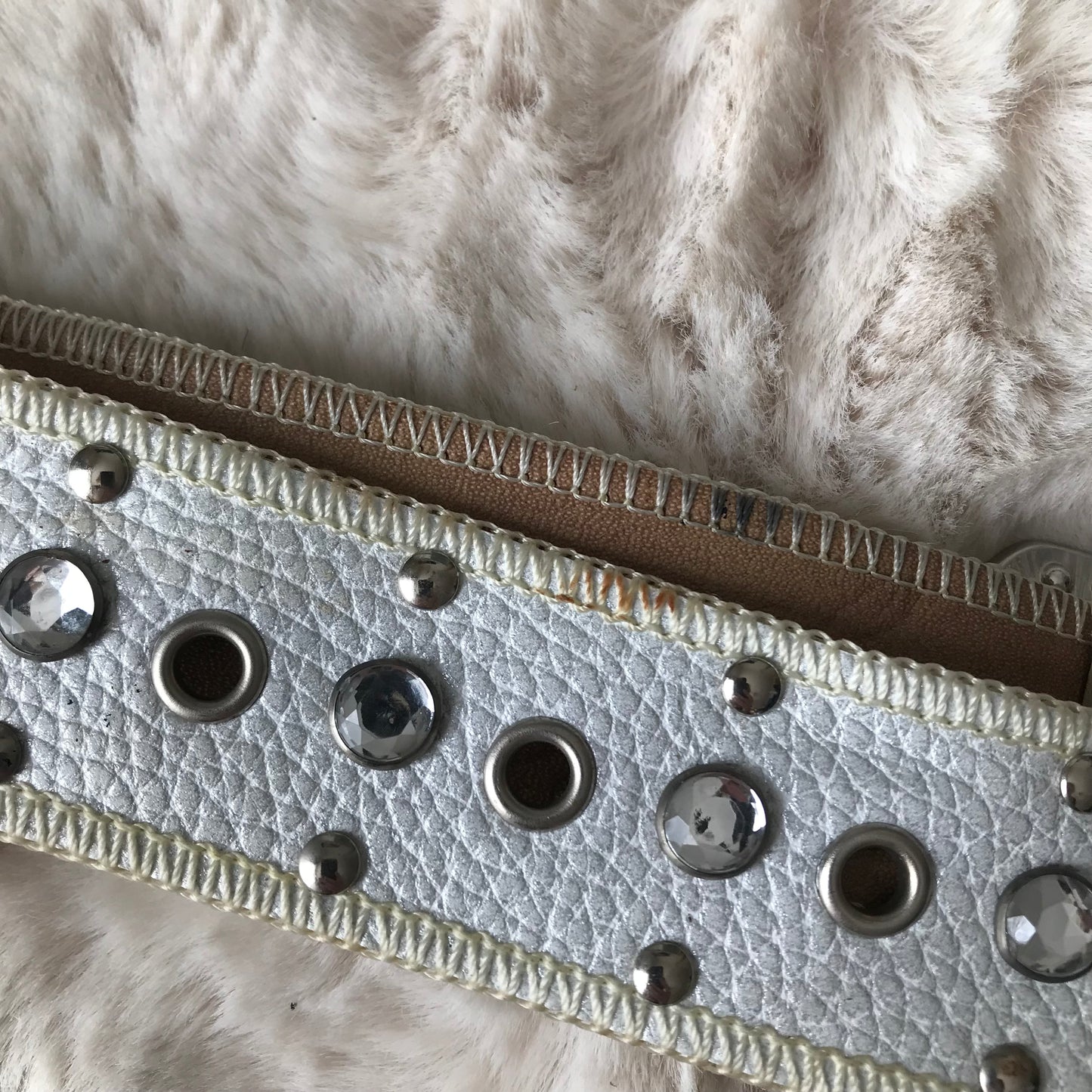 White Silver Rhinestone Leather Belt