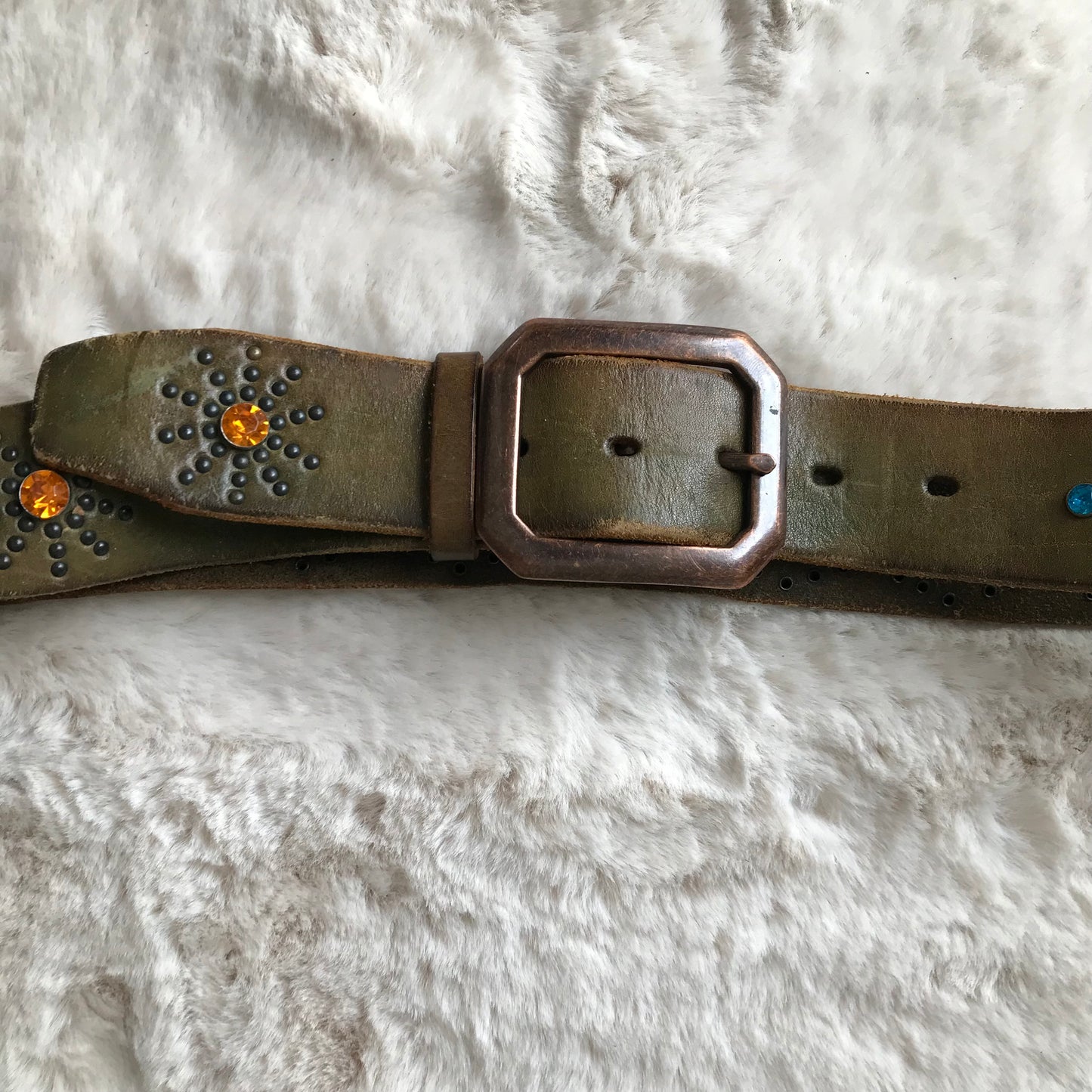 Dark Olive Rhinestone Leather Belt
