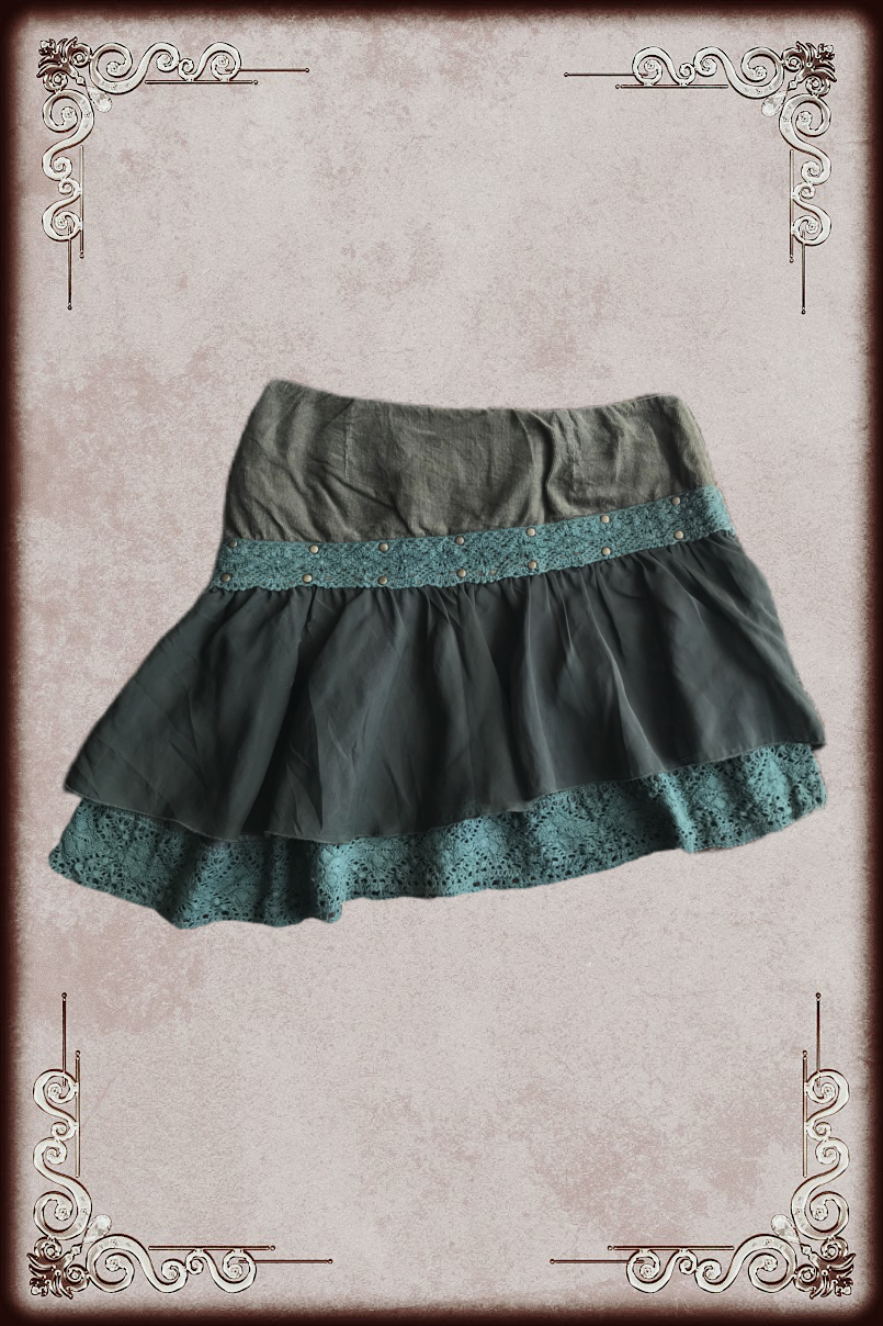 Olive & Dark Green Lace Trim Asymmetrical Skirt
