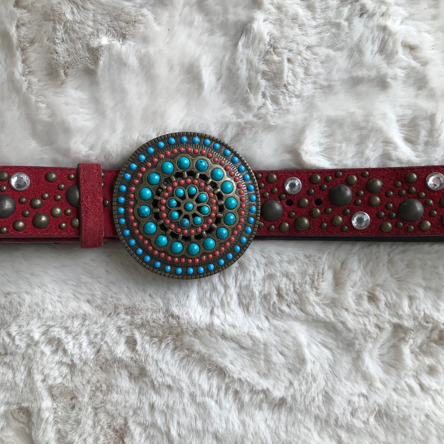 Red & Turquoise Suede Rhinestone Belt