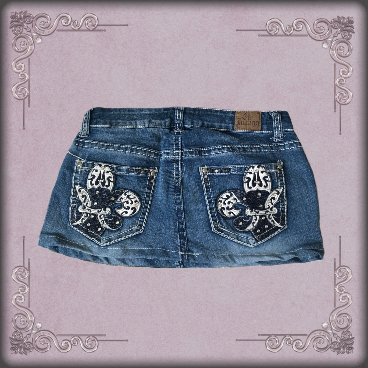 White Fleur de Lis Rhinestone Denim Skirt 1