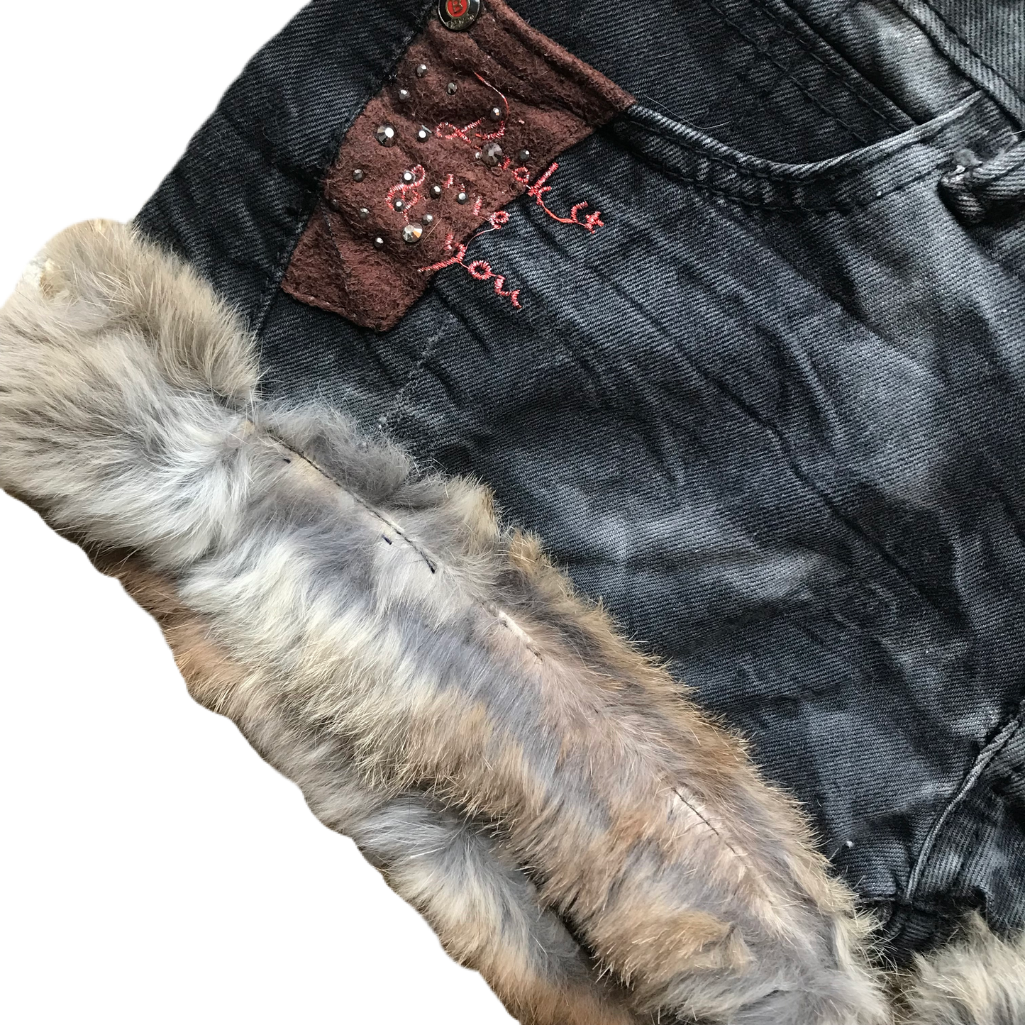 Patch Studded Fur Trim Denim Shorts