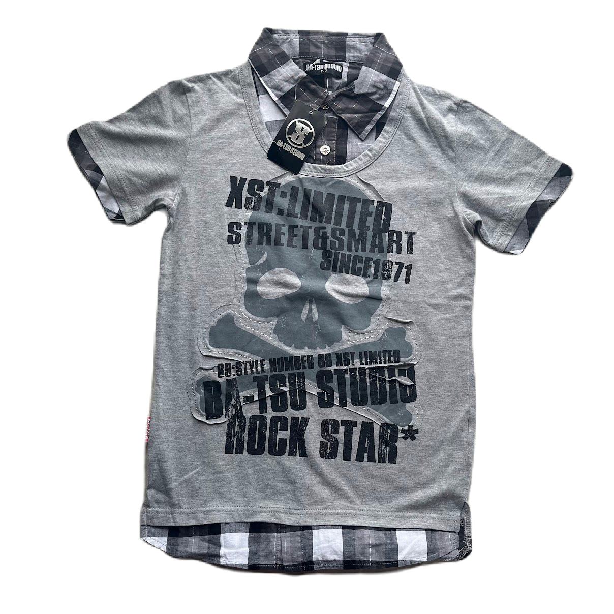 BNWT Ba-tsu Grey & Black Skull Faux Layer Plaid Tee