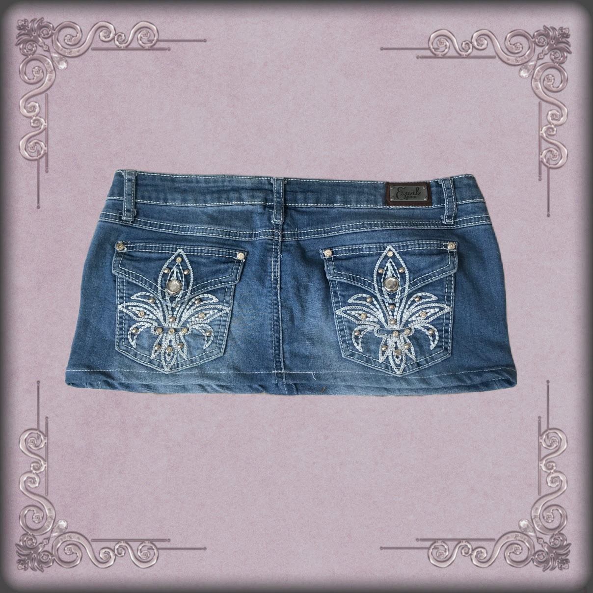 Rhinestone Stud Fleur de Lis Denim Mini Skirt