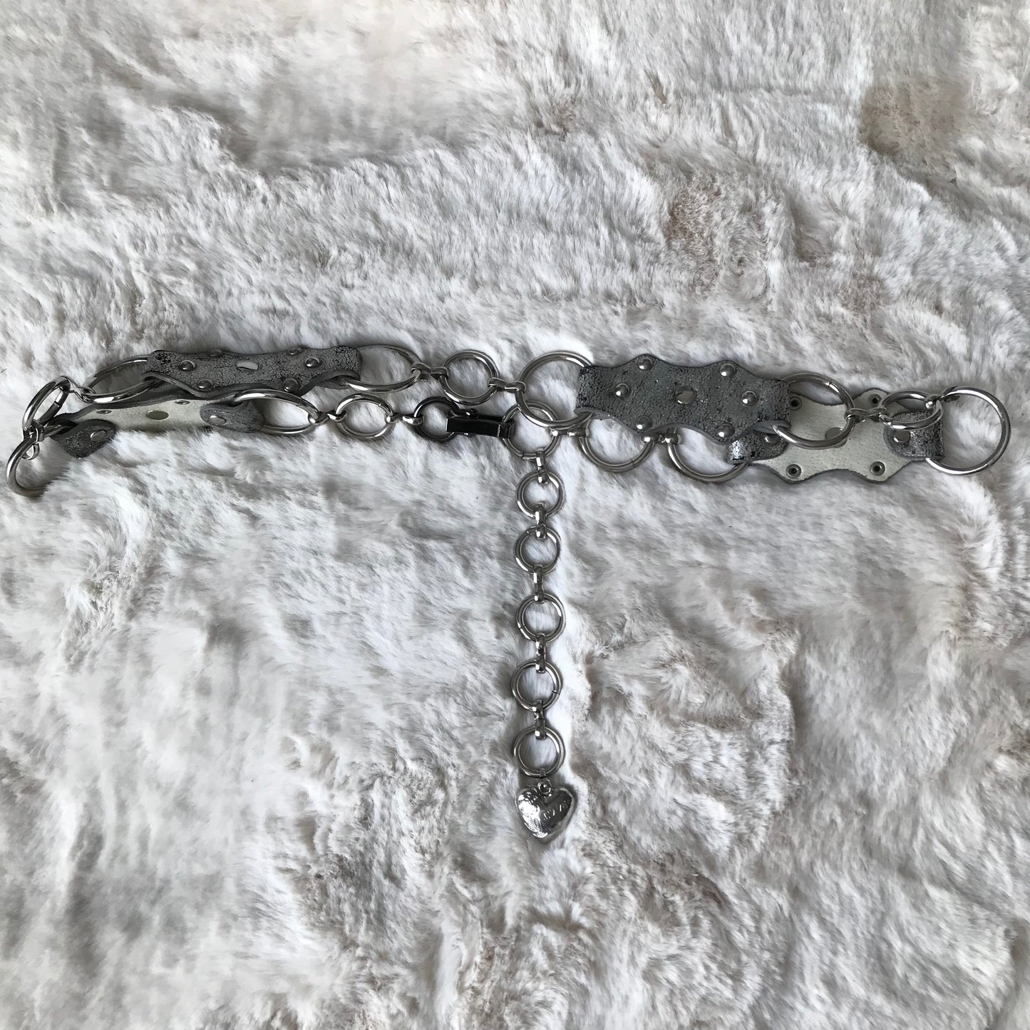 Silver Heart Charm Leather Chain Belt