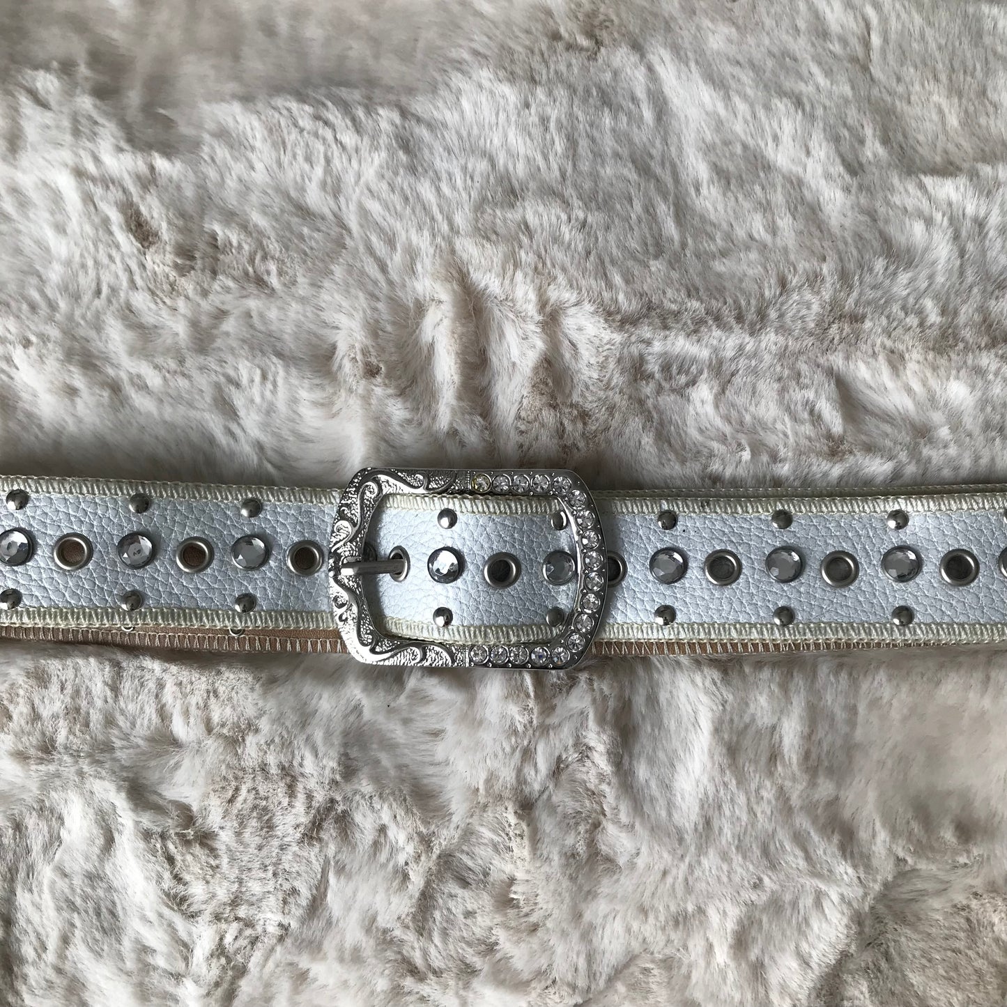 White Silver Rhinestone Leather Belt