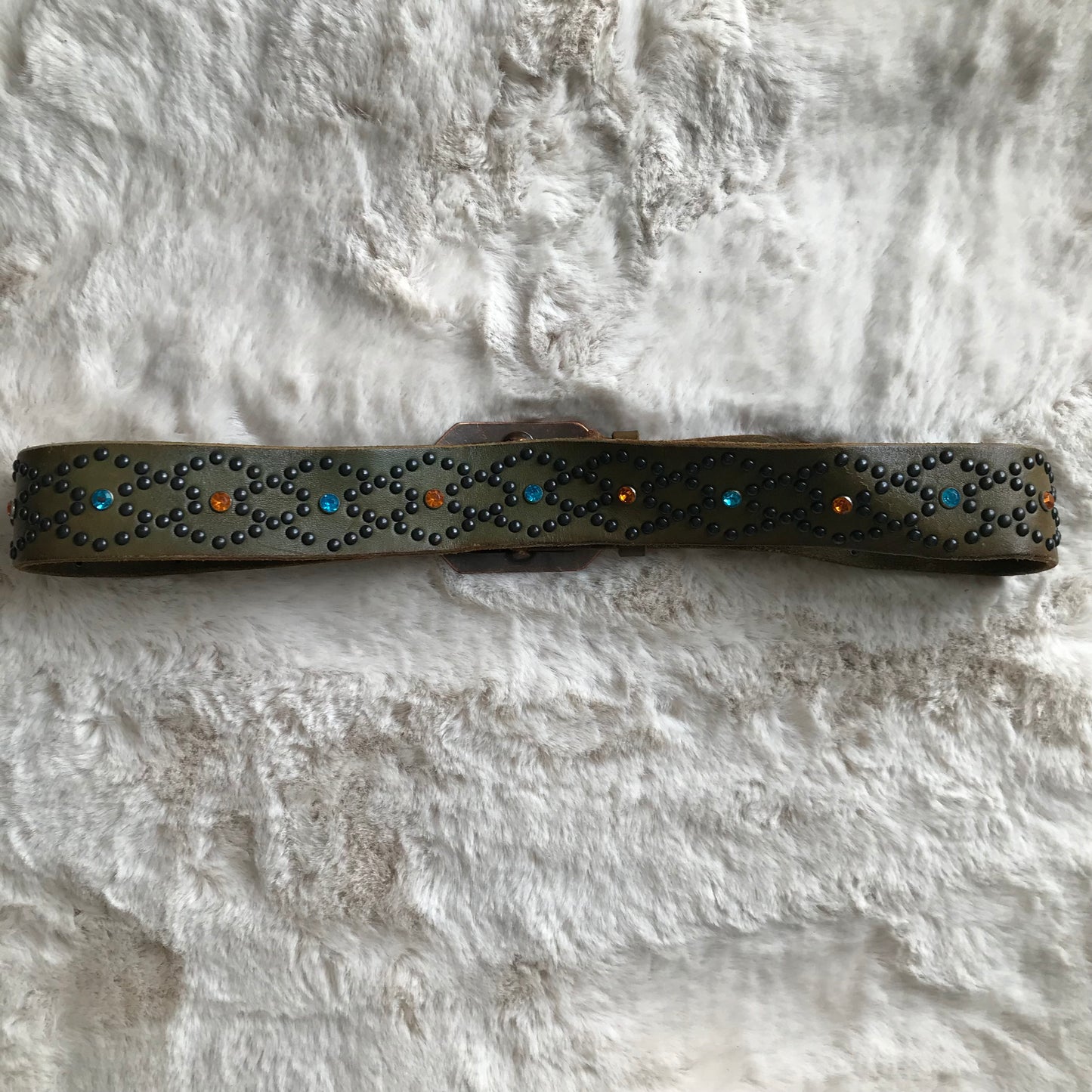 Dark Olive Rhinestone Leather Belt