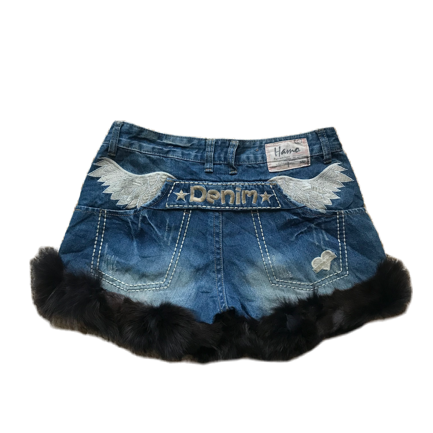 Wings Detail Black Fur Trim Denim Shorts