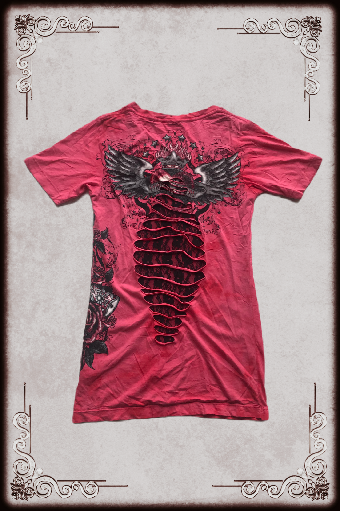 Pink & Black Tattoo Graphic Lace V-neck Tee