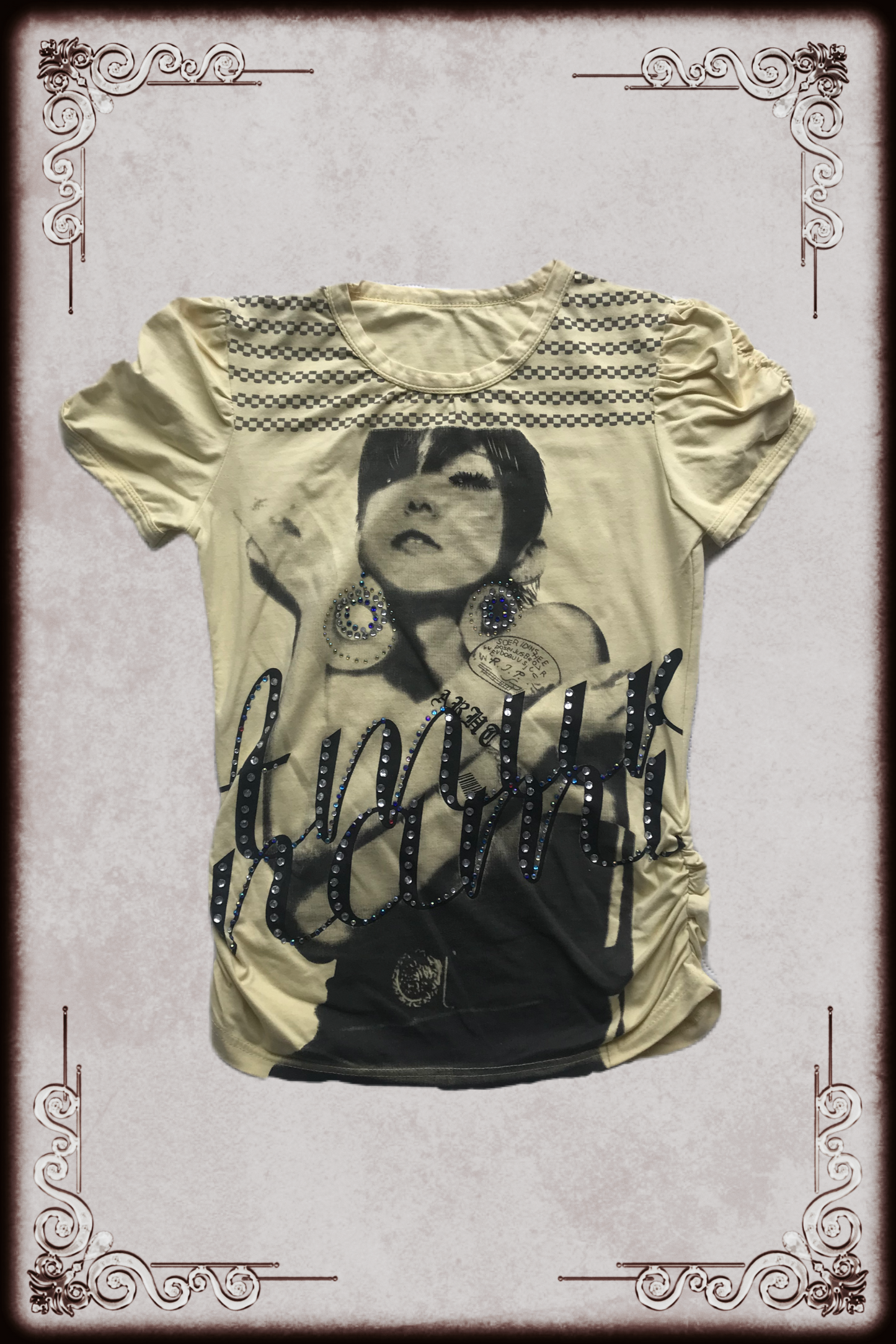 Namie Amuro Pale Yellow Rhinestone Graphic Top