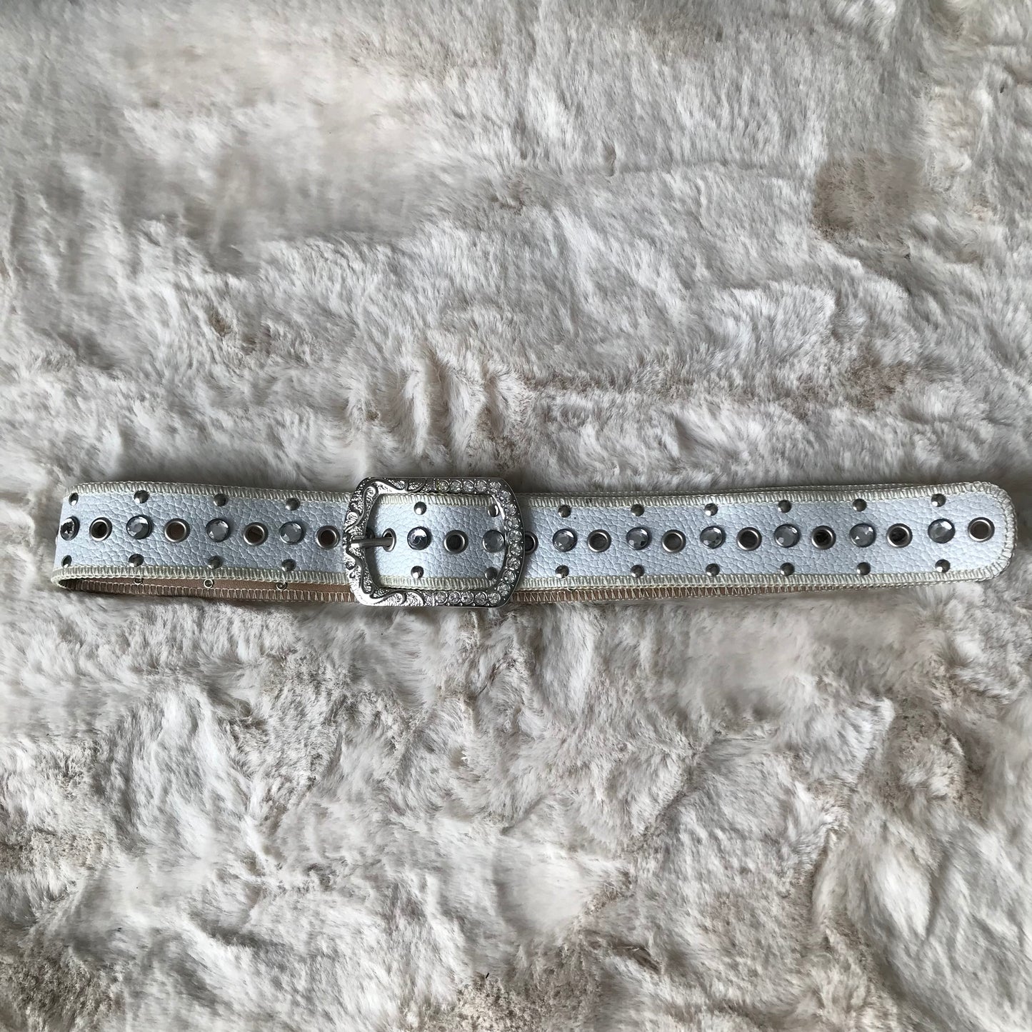 White Silver Rhinestone Leather Belt