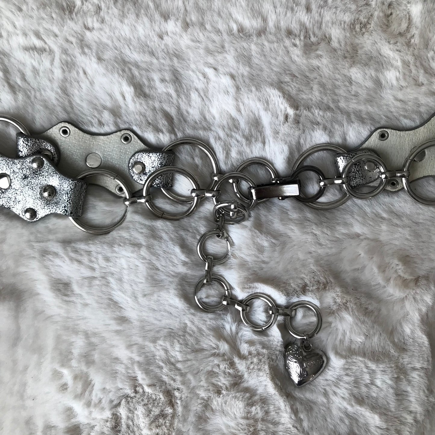 Silver Heart Charm Leather Chain Belt
