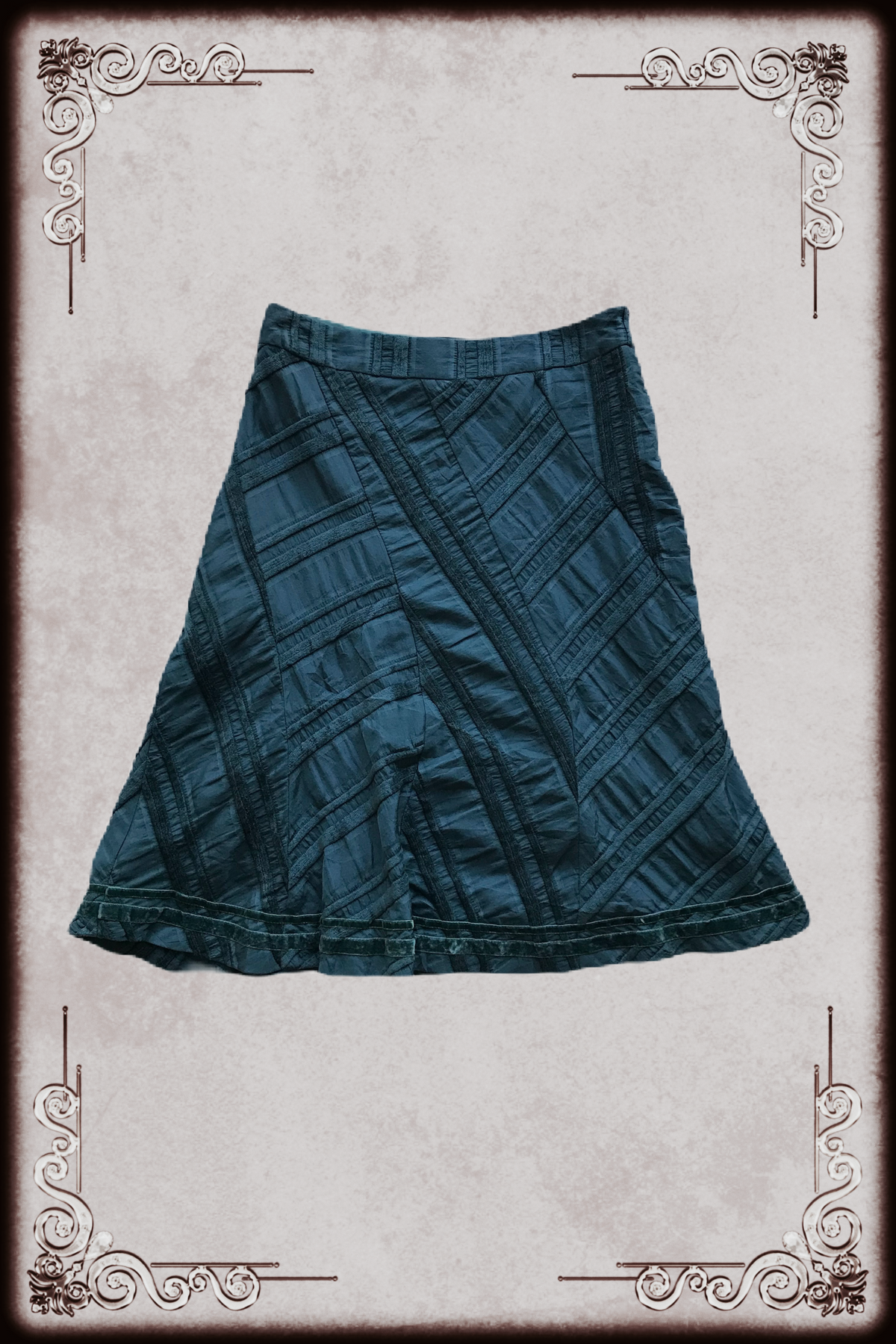 Dark Teal Blue Velvet Trim Midi Skirt
