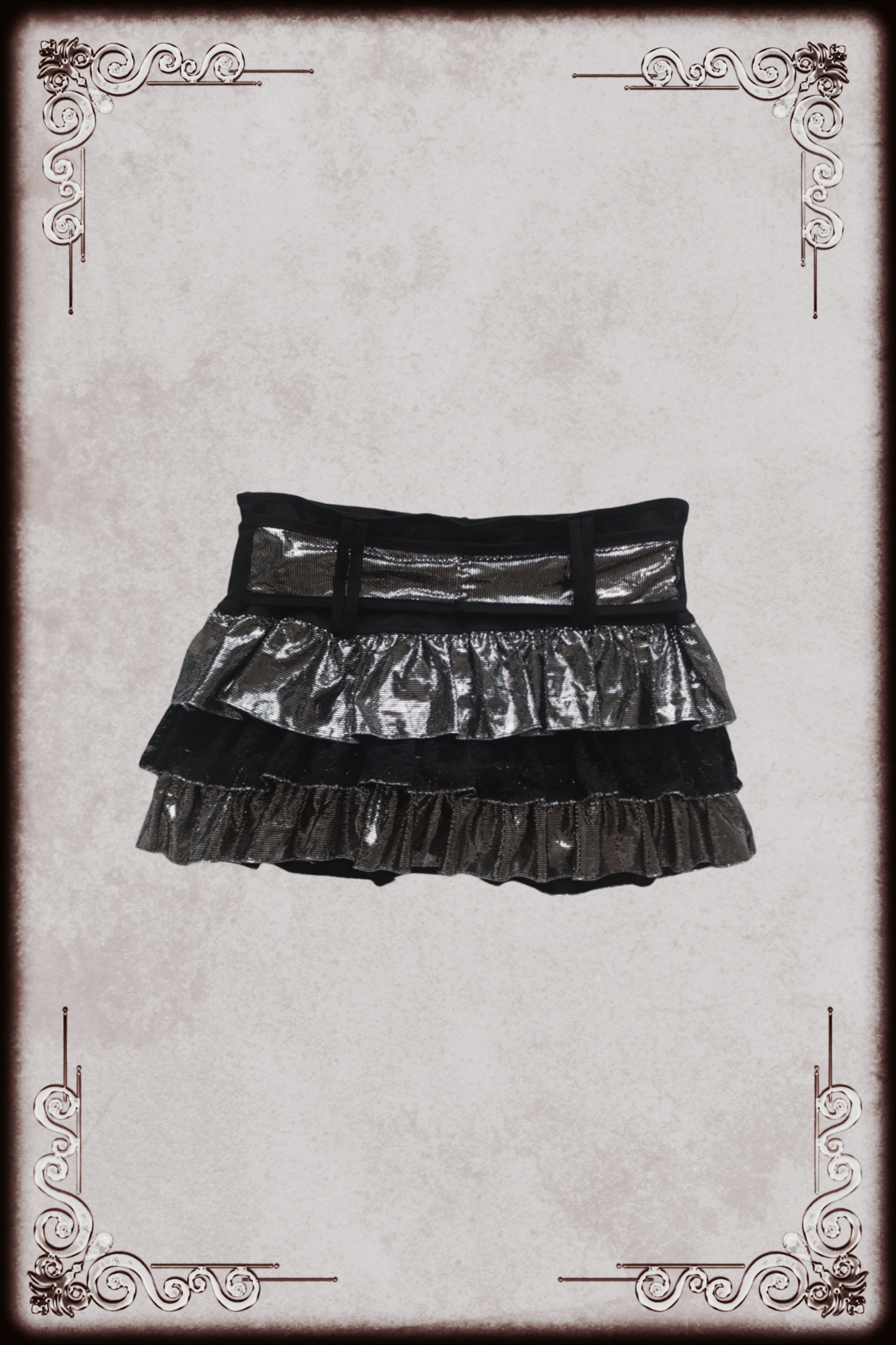 Shiny Silver & Black Ruffle Mini Skirt