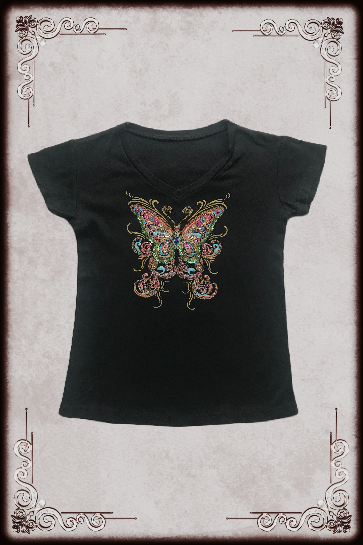 Black Colorful Sequin Butterfly Graphic Tee