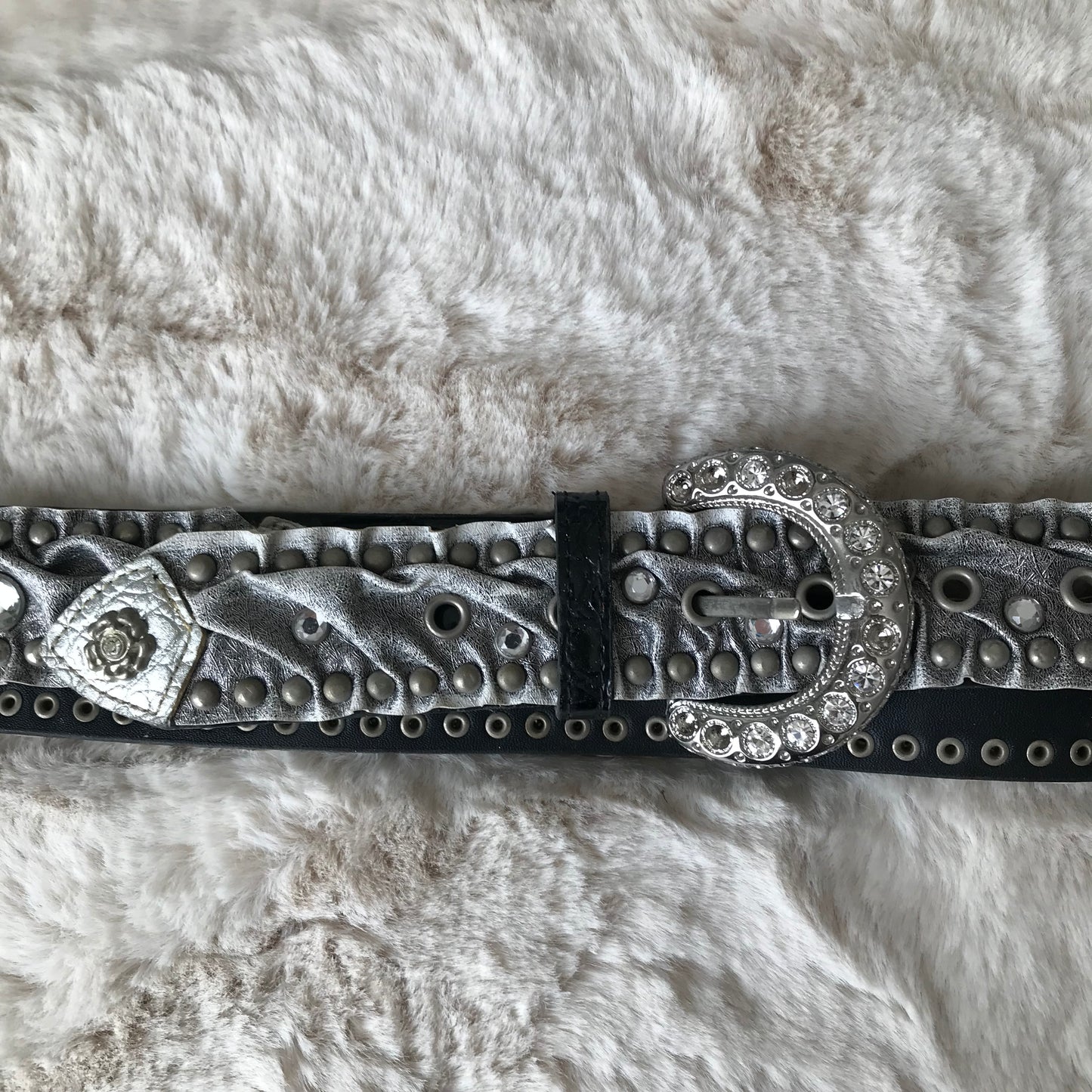 Silver Rhinestone Leather Belt