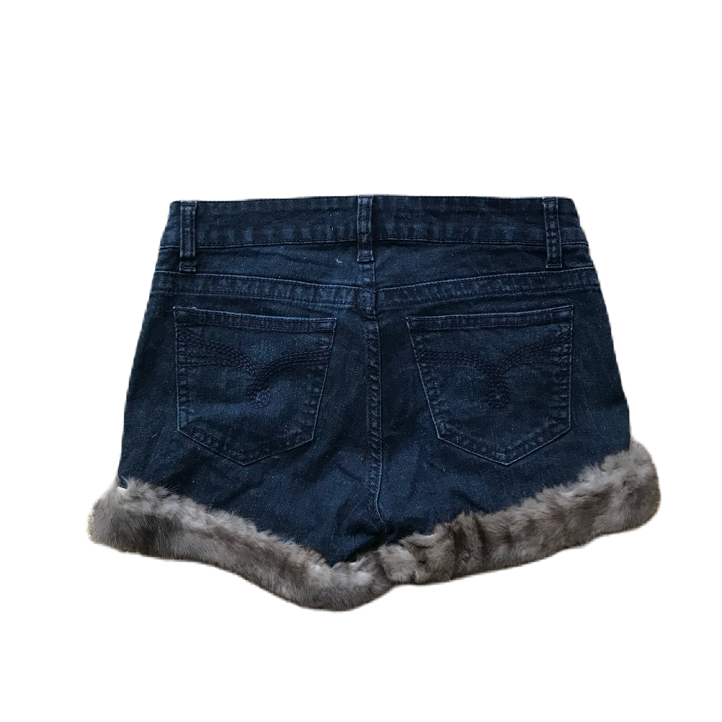 Grey Dark Wash Fur Trim Denim Shorts