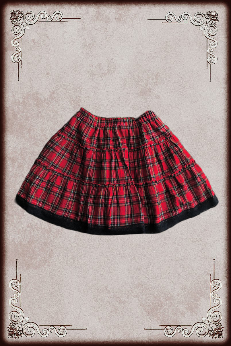 Red Plaid Black Lace Trim Skirt