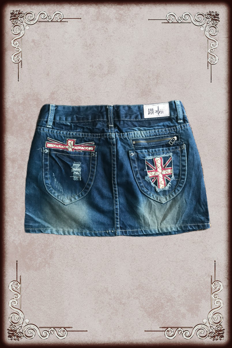 Dark Wash Flag Embroidery Denim Skirt