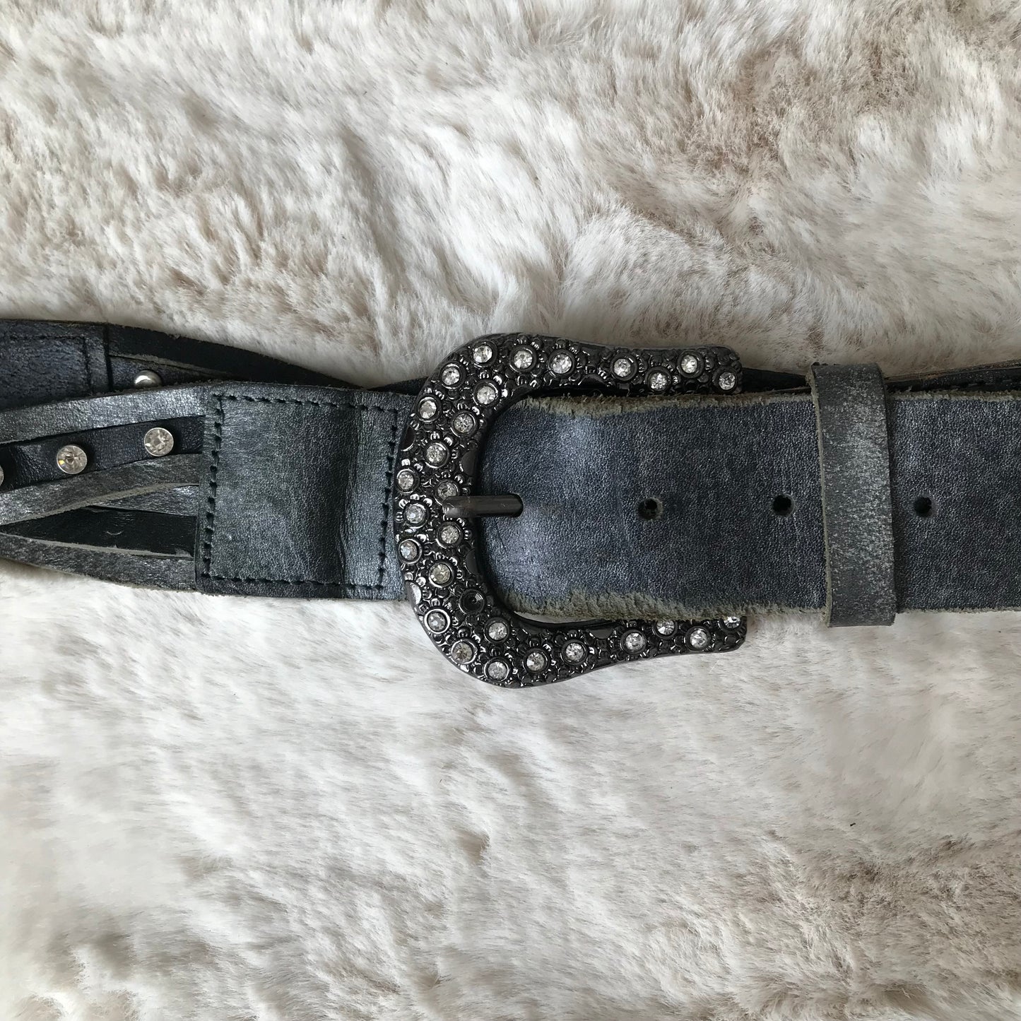 Dark Grey Leather Rhinestone Belt