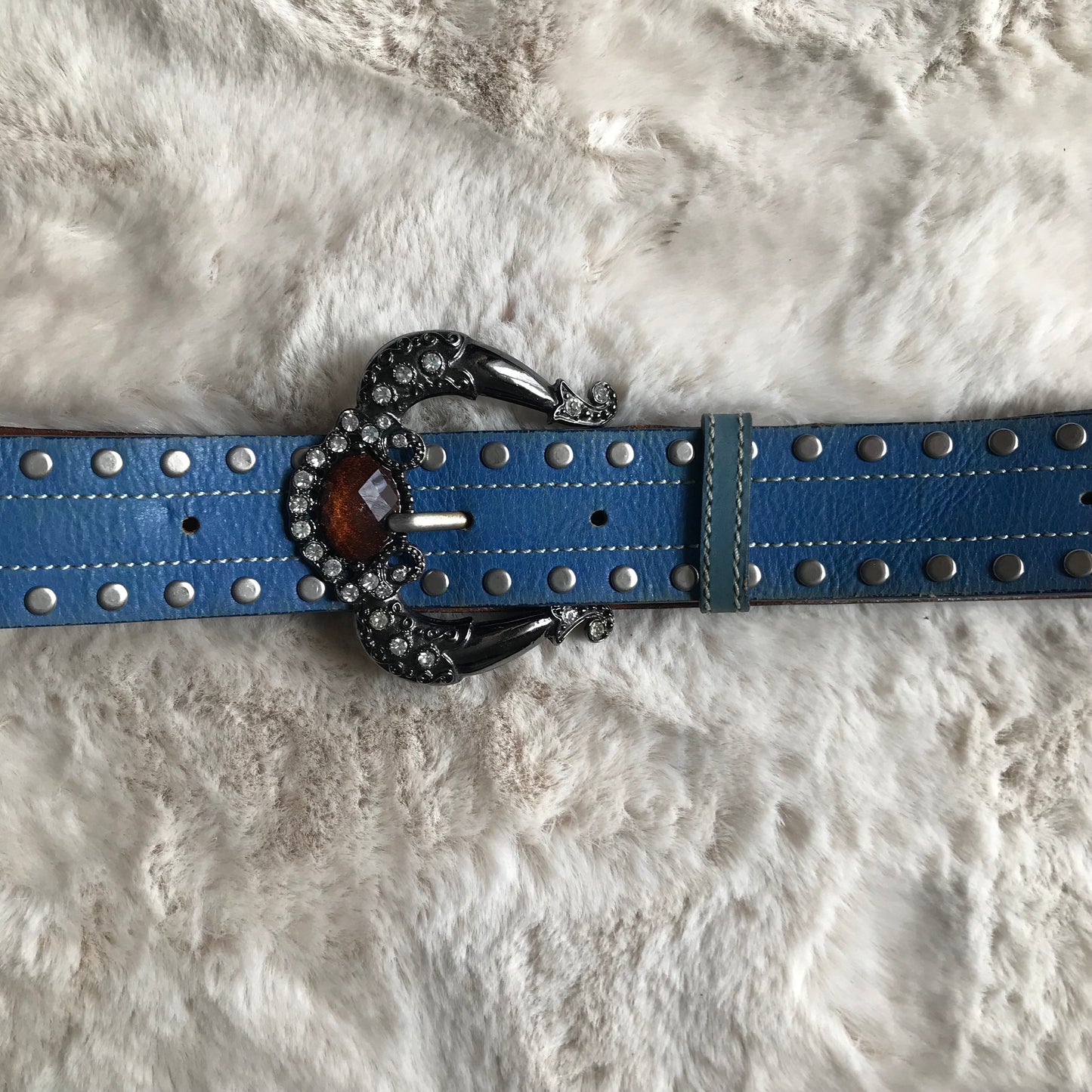 Blue Rhinestone Leather Belt