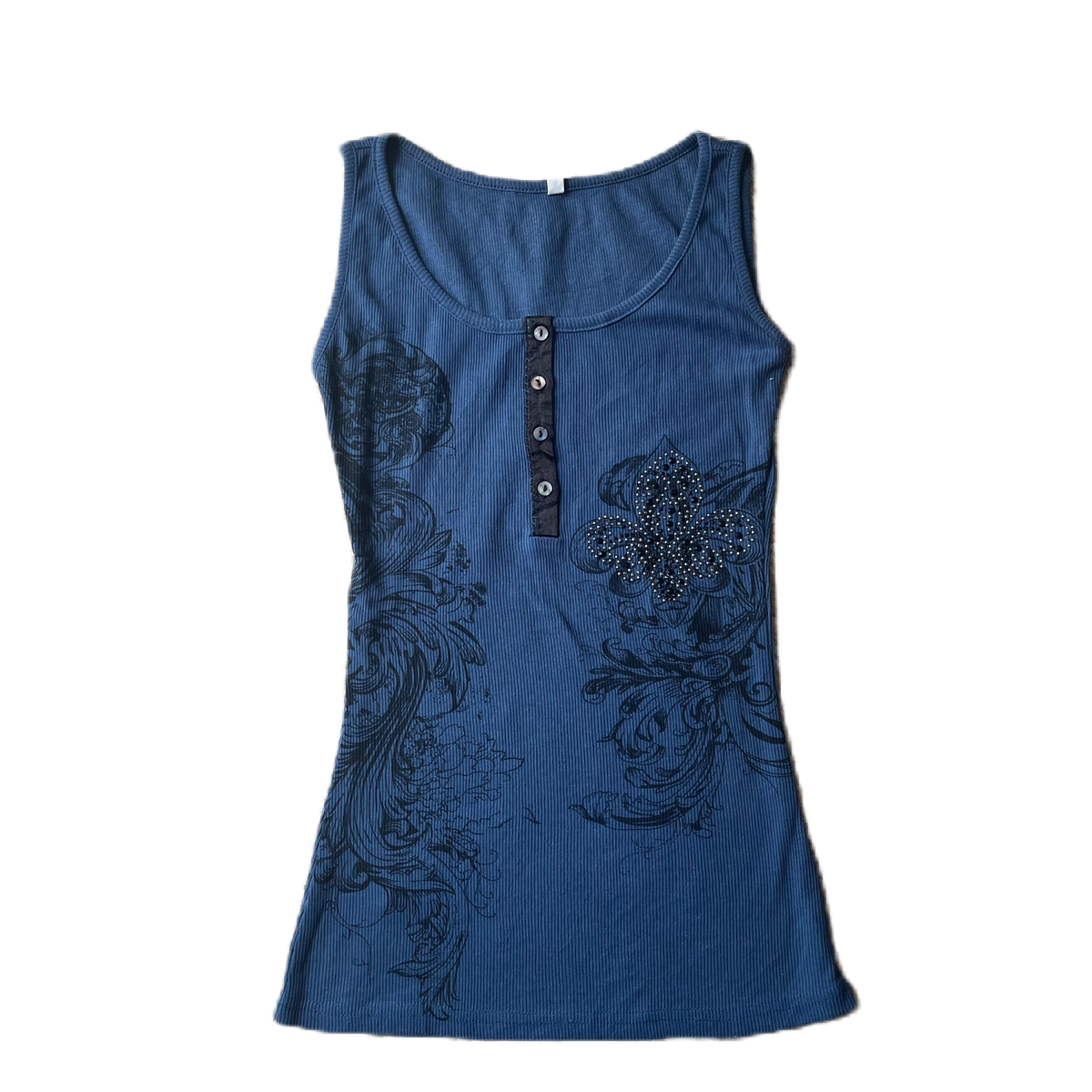 Dark Blue Ribbed Graphic Print Tank Top