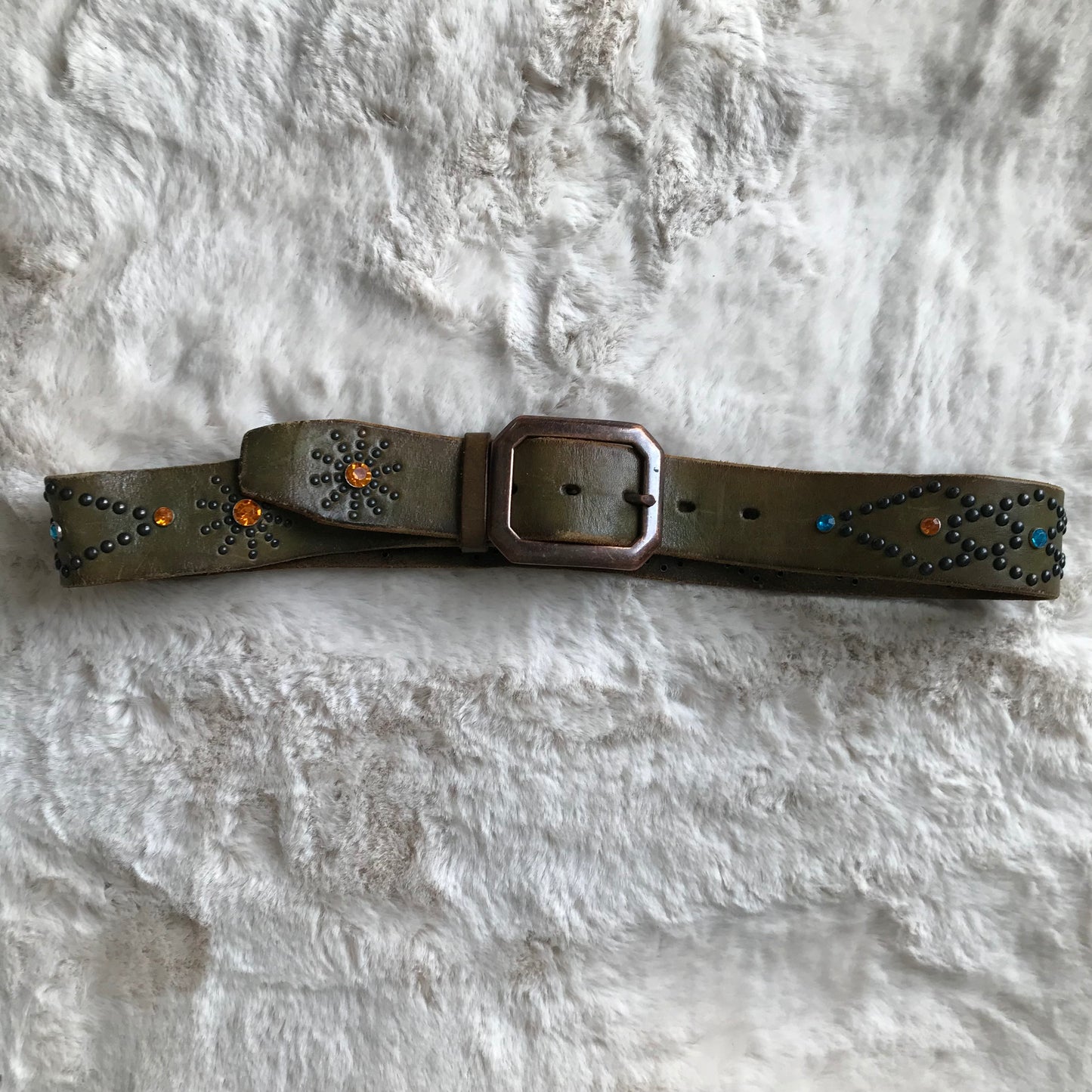 Dark Olive Rhinestone Leather Belt