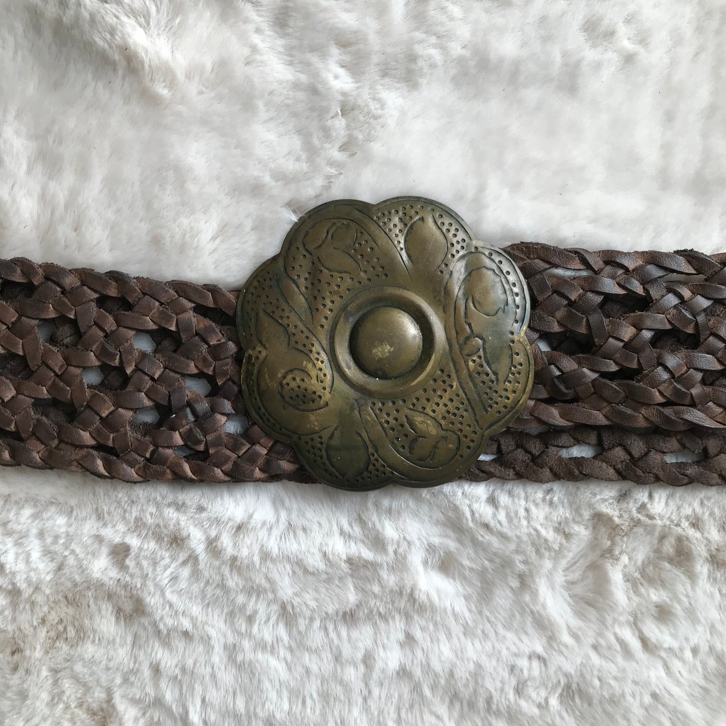 Brown Woven Brass Flower Buckle Belt