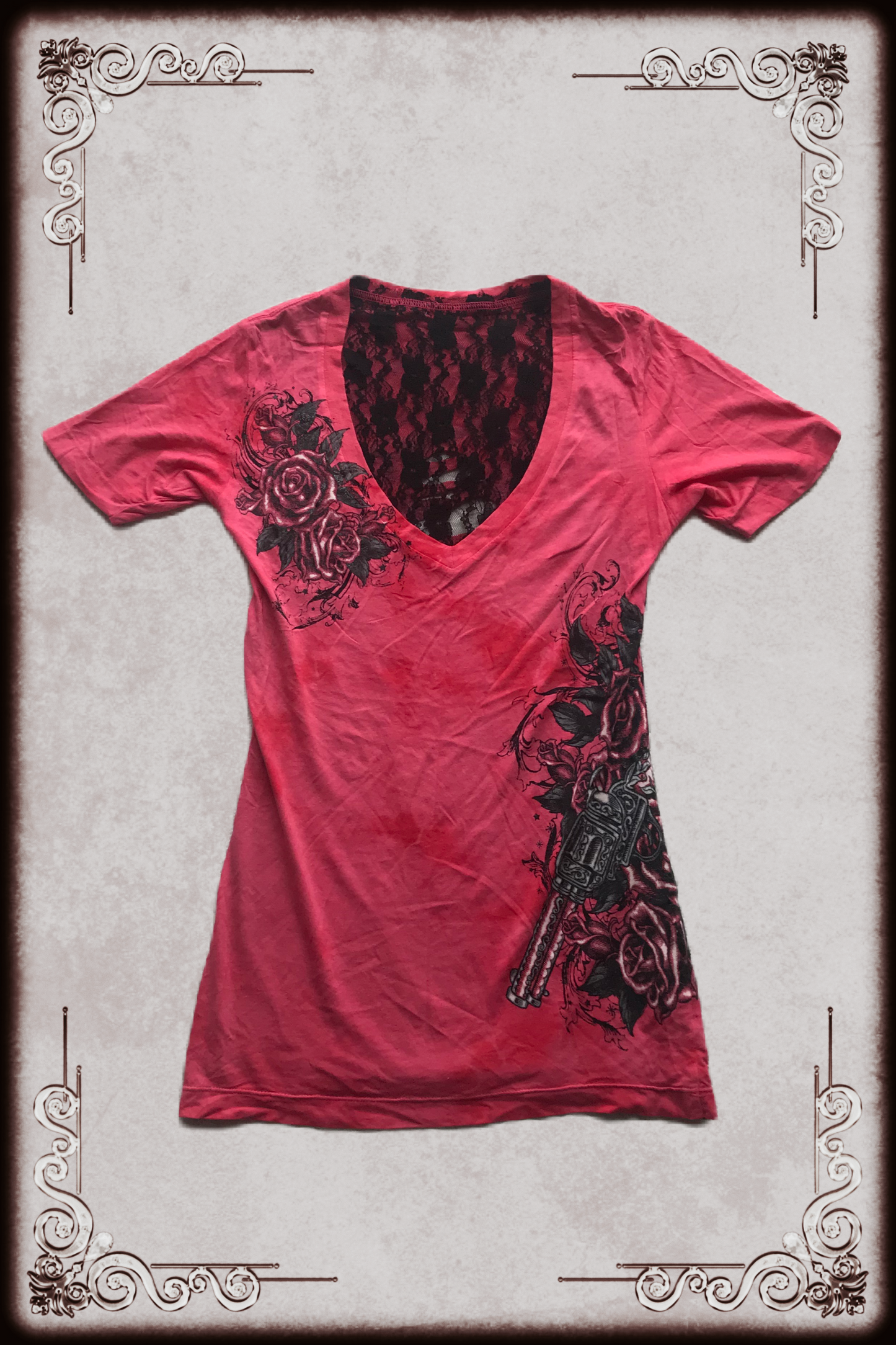 Pink & Black Tattoo Graphic Lace V-neck Tee