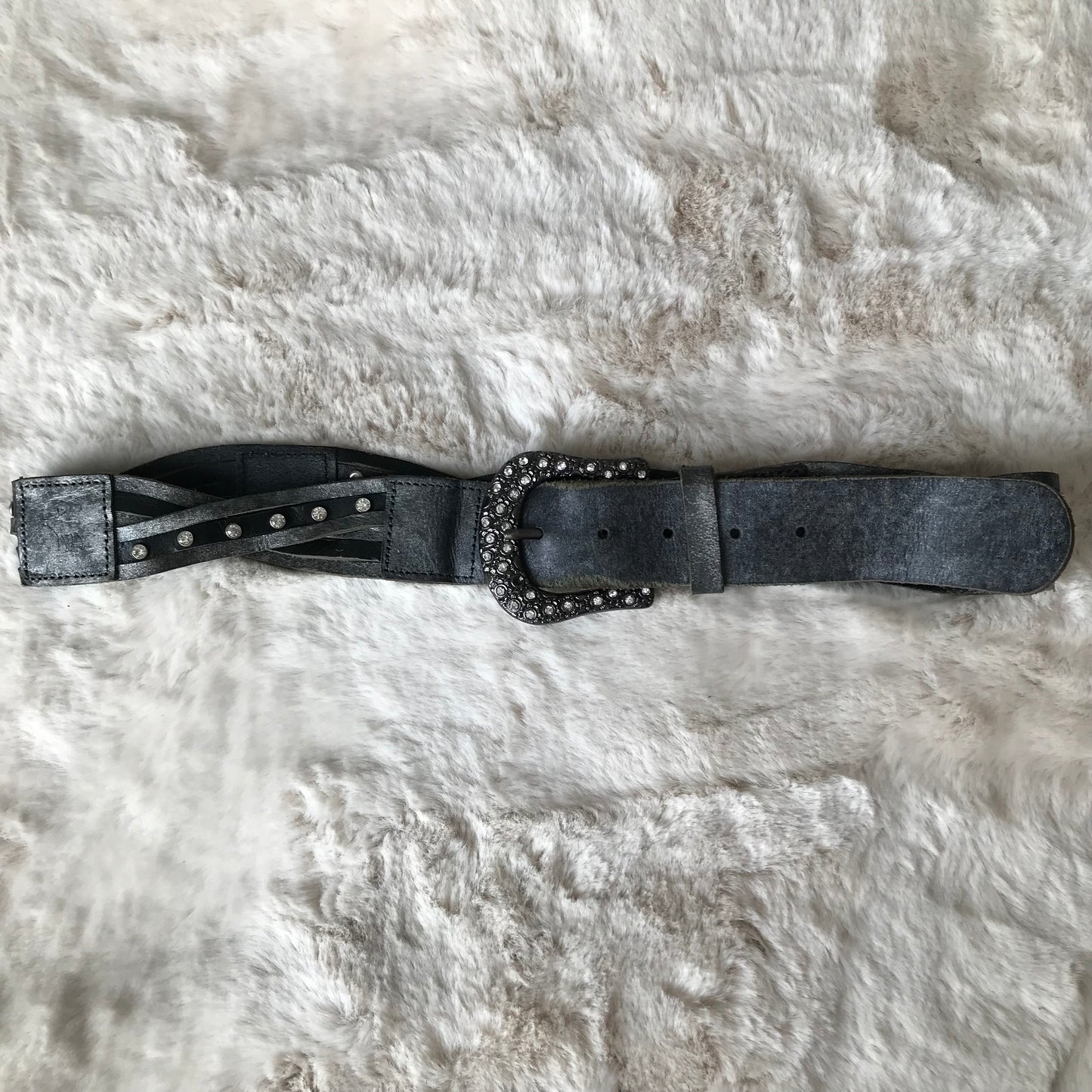 Dark Grey Leather Rhinestone Belt