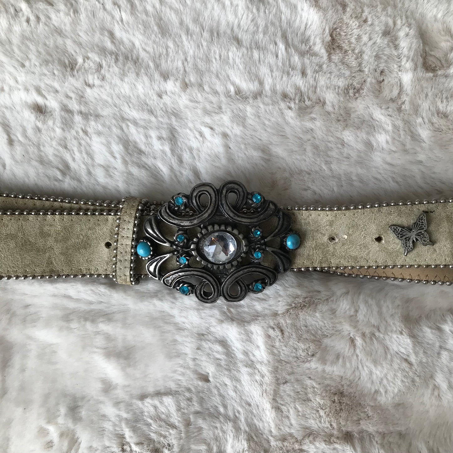 Cream & Turquoise Leather Butterfly Belt