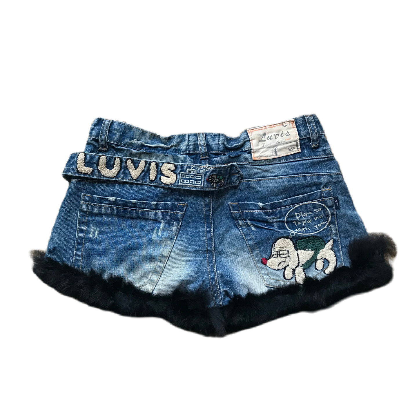 Luvis Jeans Dog Patch Fur Trim Denim Shorts