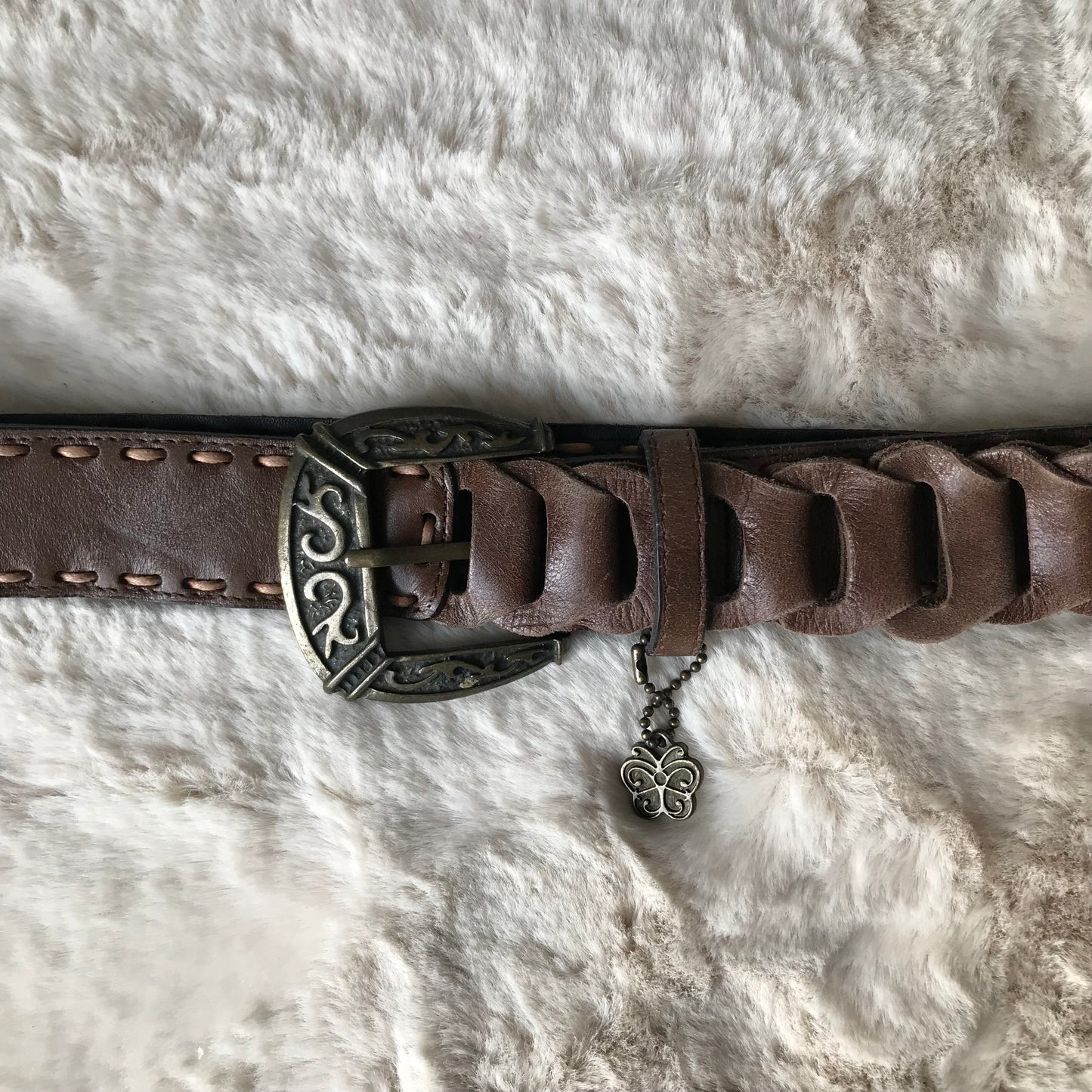 Butterfly Detail Brown Leather Belt