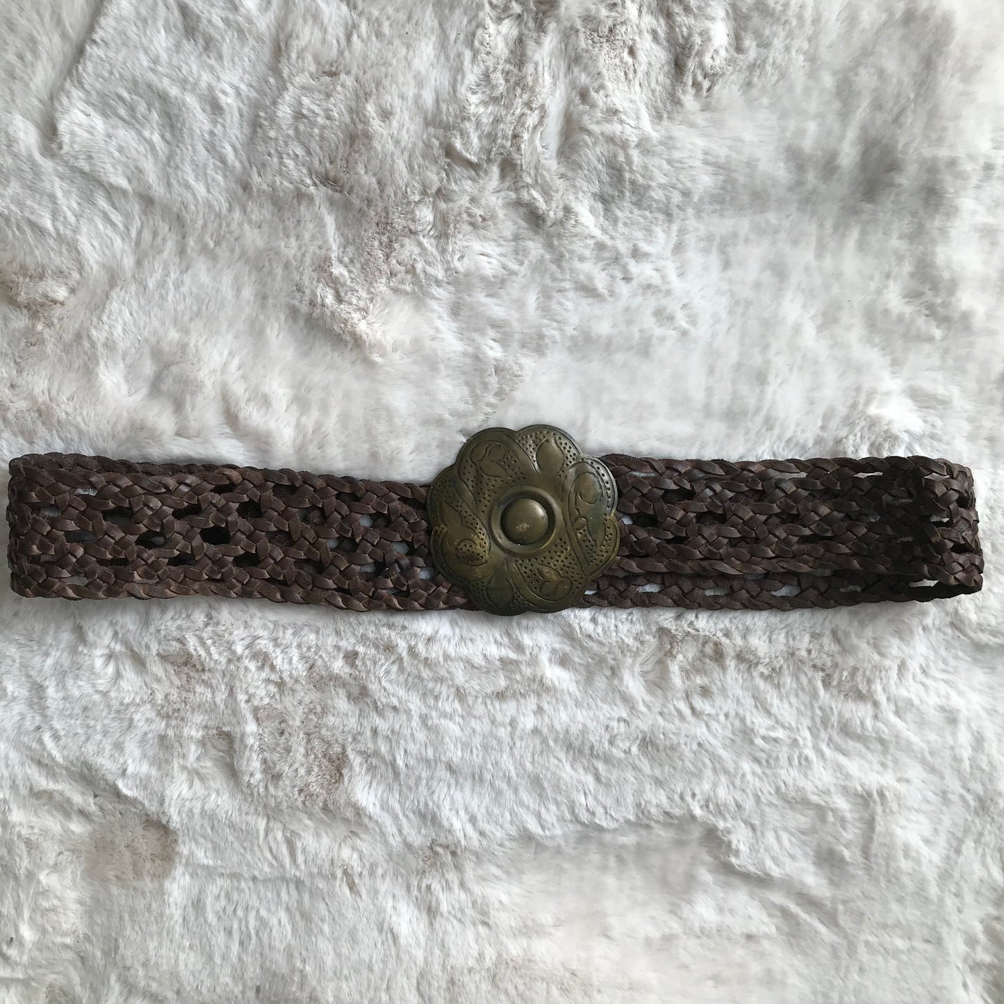 Brown Woven Brass Flower Buckle Belt