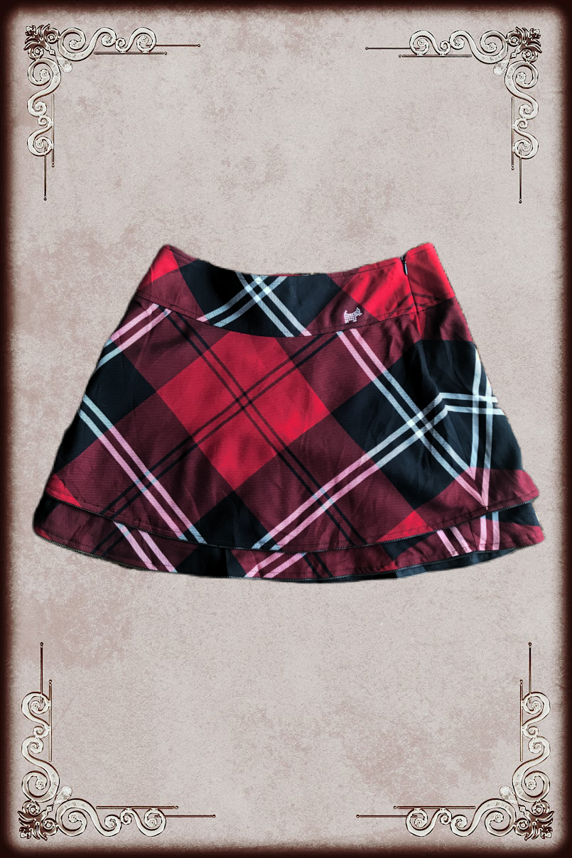 Rhinestone Detail Zipper Trim Red Plaid Skirt