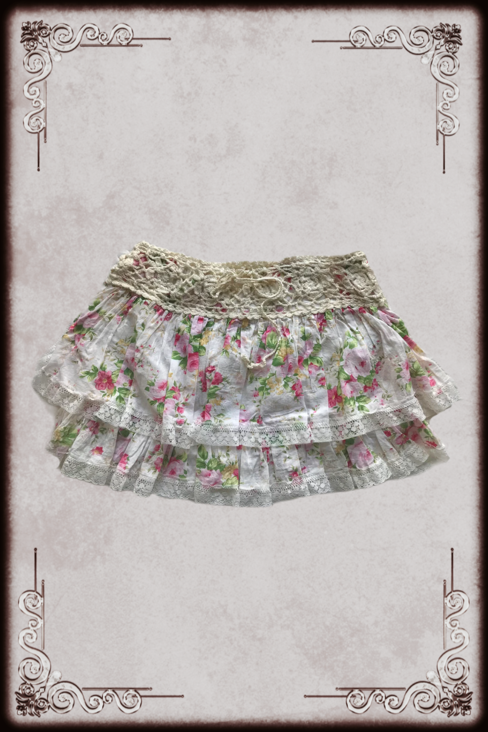 Crochet Waist White & Pink Floral Skirt