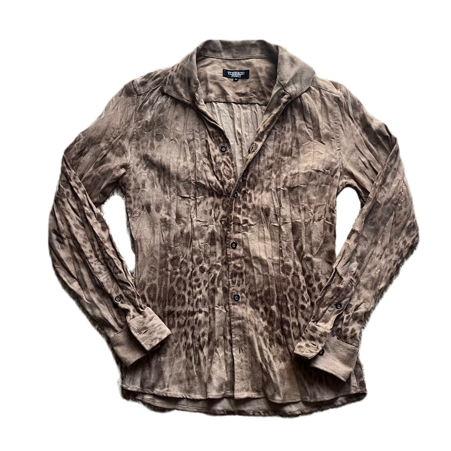 Tornado Mart Tan Wrinkled Suedette Leopard Print Button Down Shirt